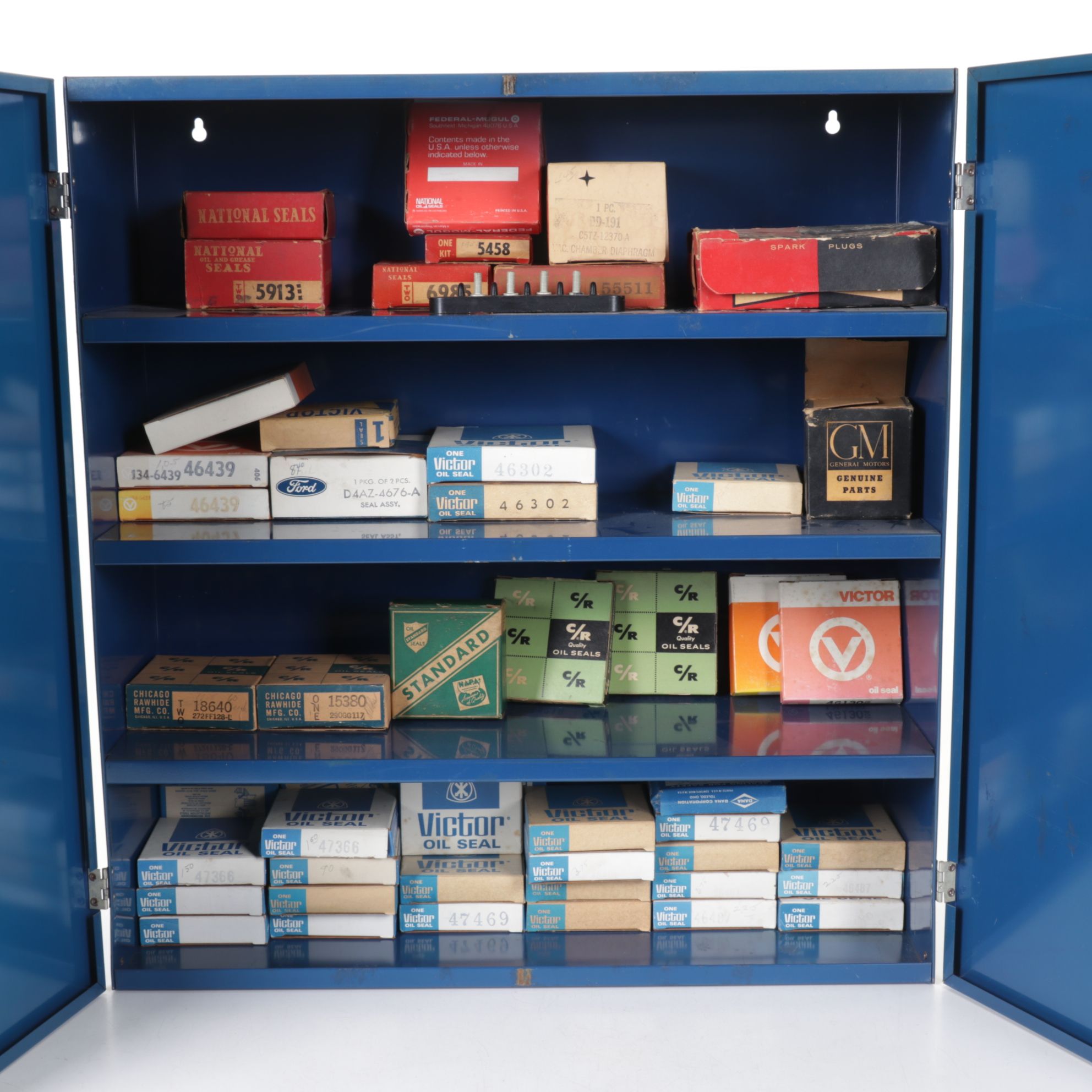 Victor Oil Seals Advertising Cabinet with Collection of Oil Seals, Mid-20th C.