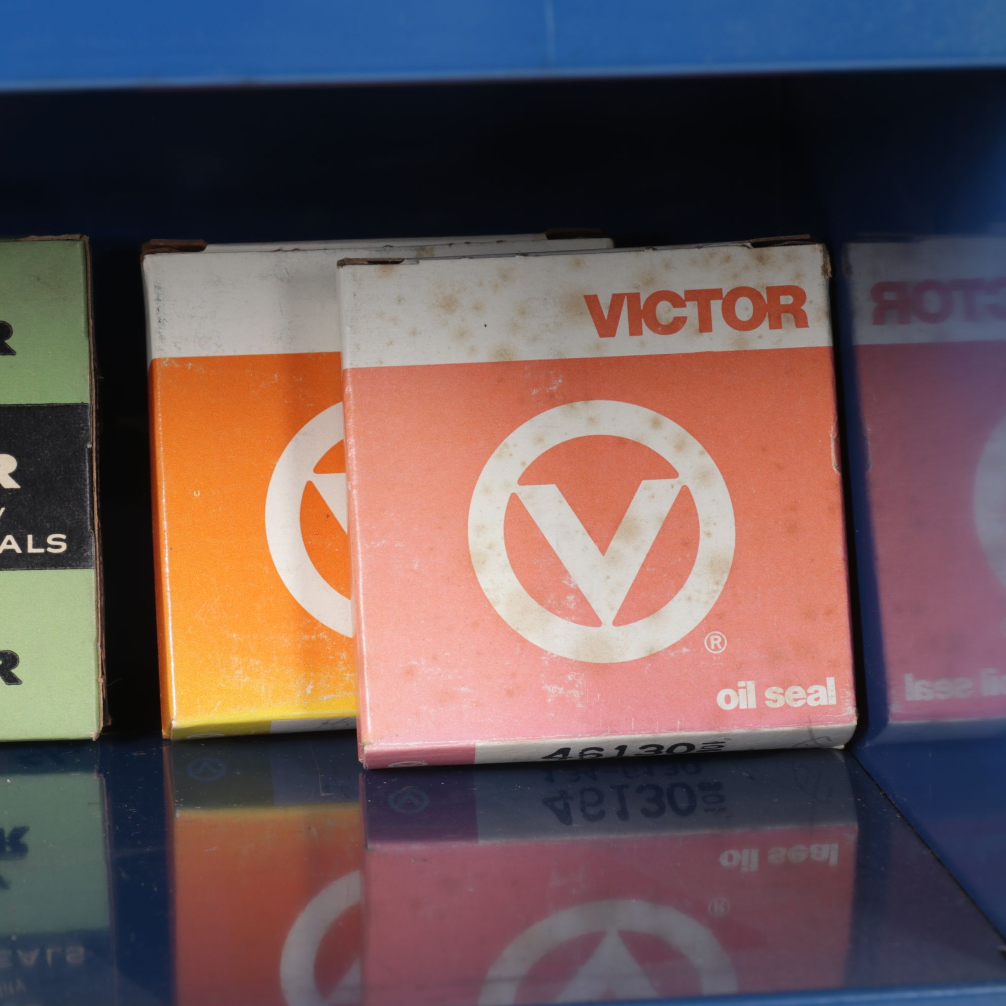 Victor Oil Seals Advertising Cabinet with Collection of Oil Seals, Mid-20th C.