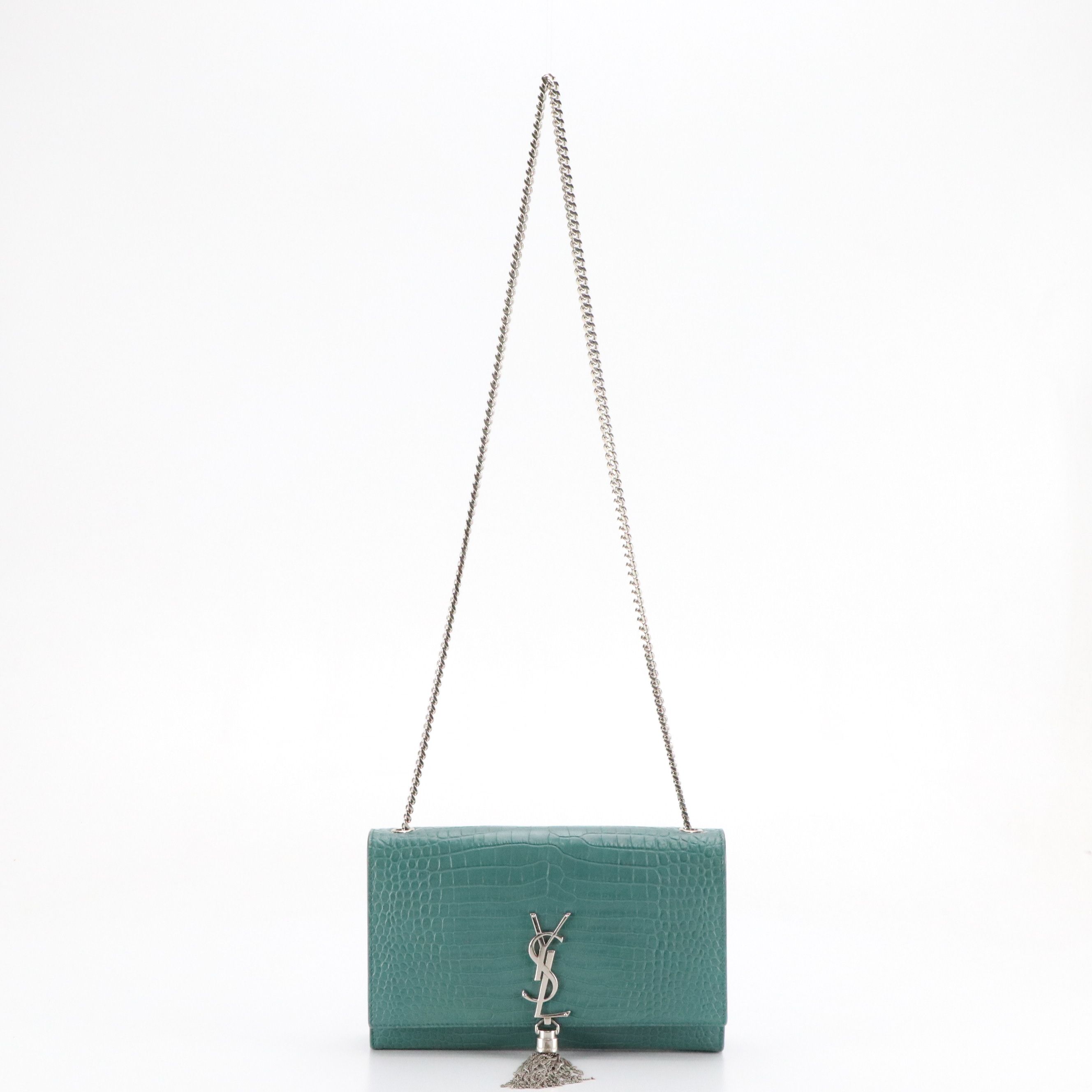 LIBRA: Saint Laurent Medium Kate Tassel Crossbody in Teal Croc Embossed Leather