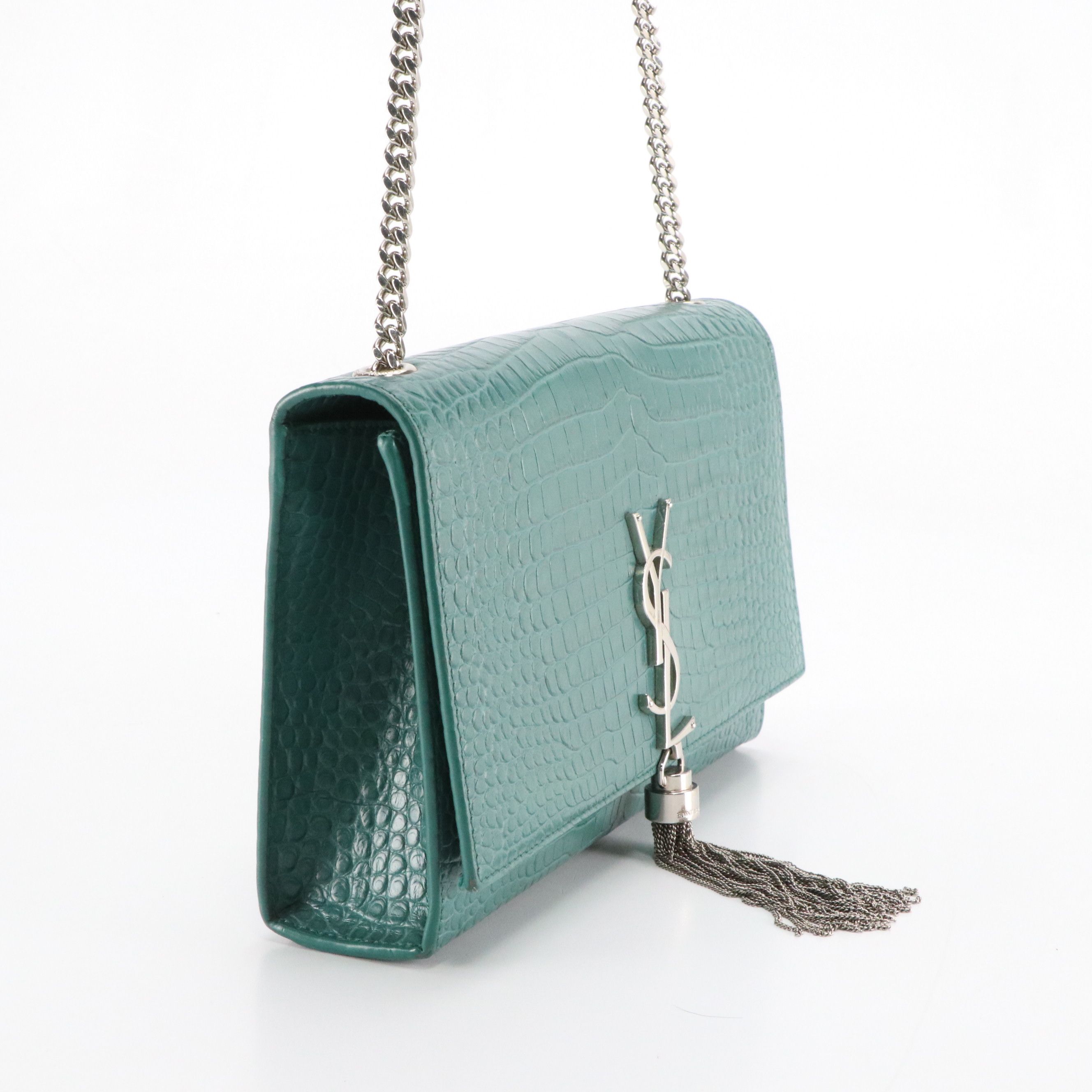 LIBRA: Saint Laurent Medium Kate Tassel Crossbody in Teal Croc Embossed Leather