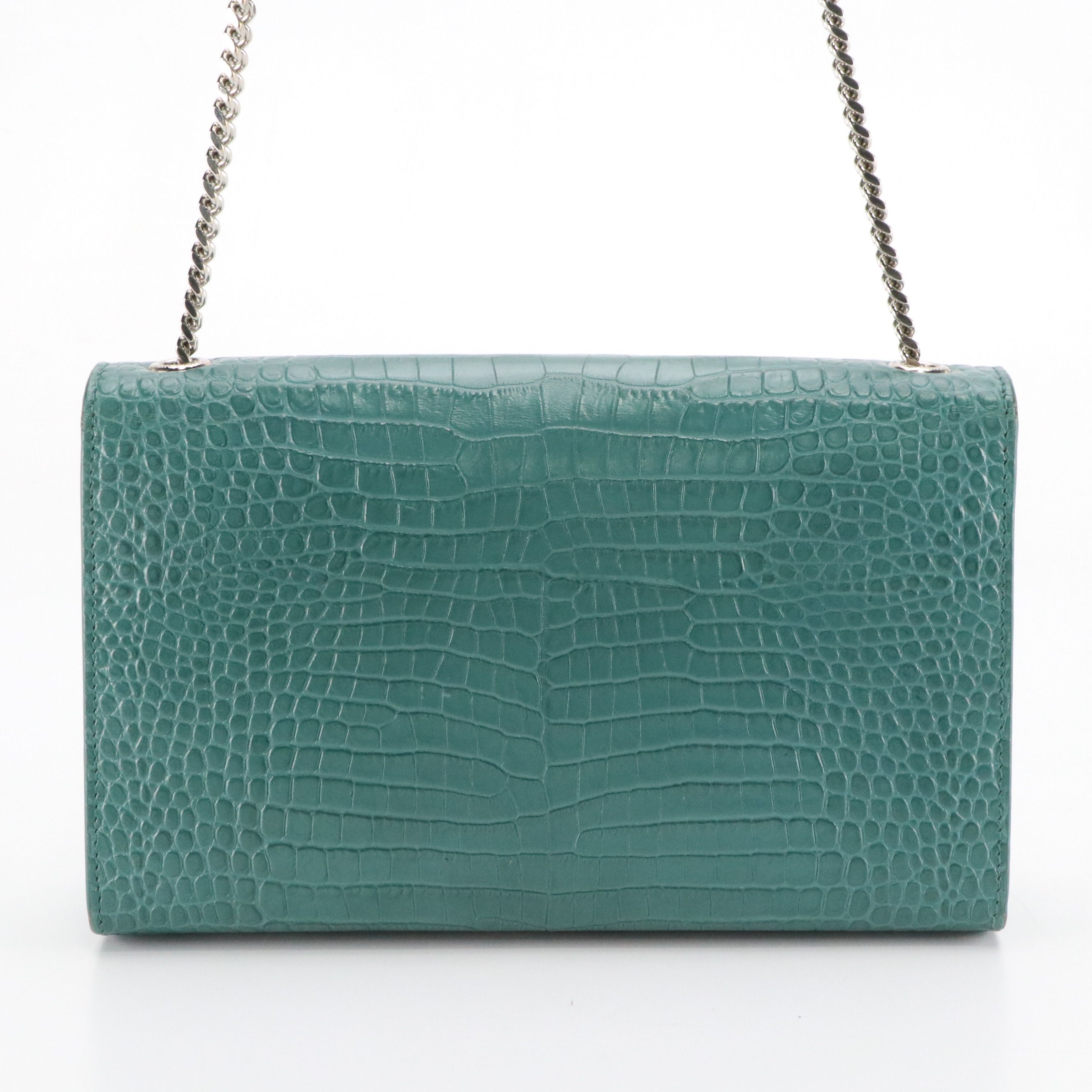 LIBRA: Saint Laurent Medium Kate Tassel Crossbody in Teal Croc Embossed Leather