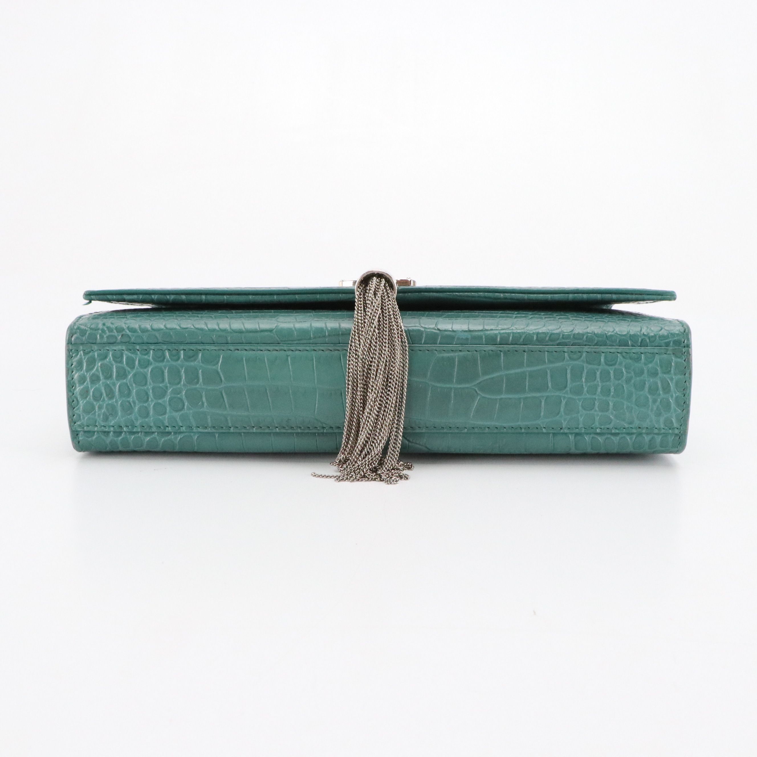 LIBRA: Saint Laurent Medium Kate Tassel Crossbody in Teal Croc Embossed Leather