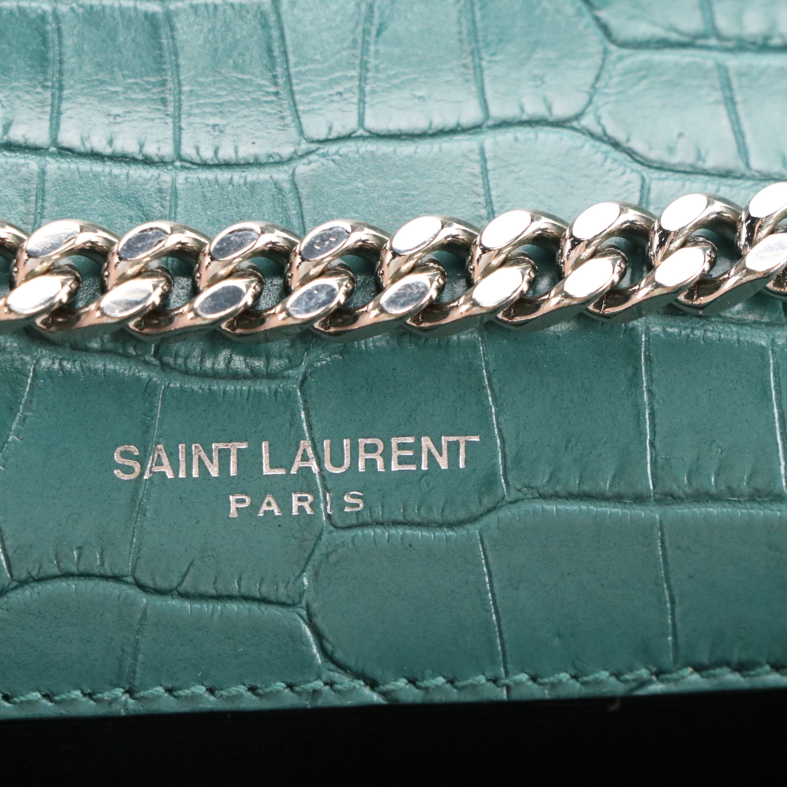 LIBRA: Saint Laurent Medium Kate Tassel Crossbody in Teal Croc Embossed Leather