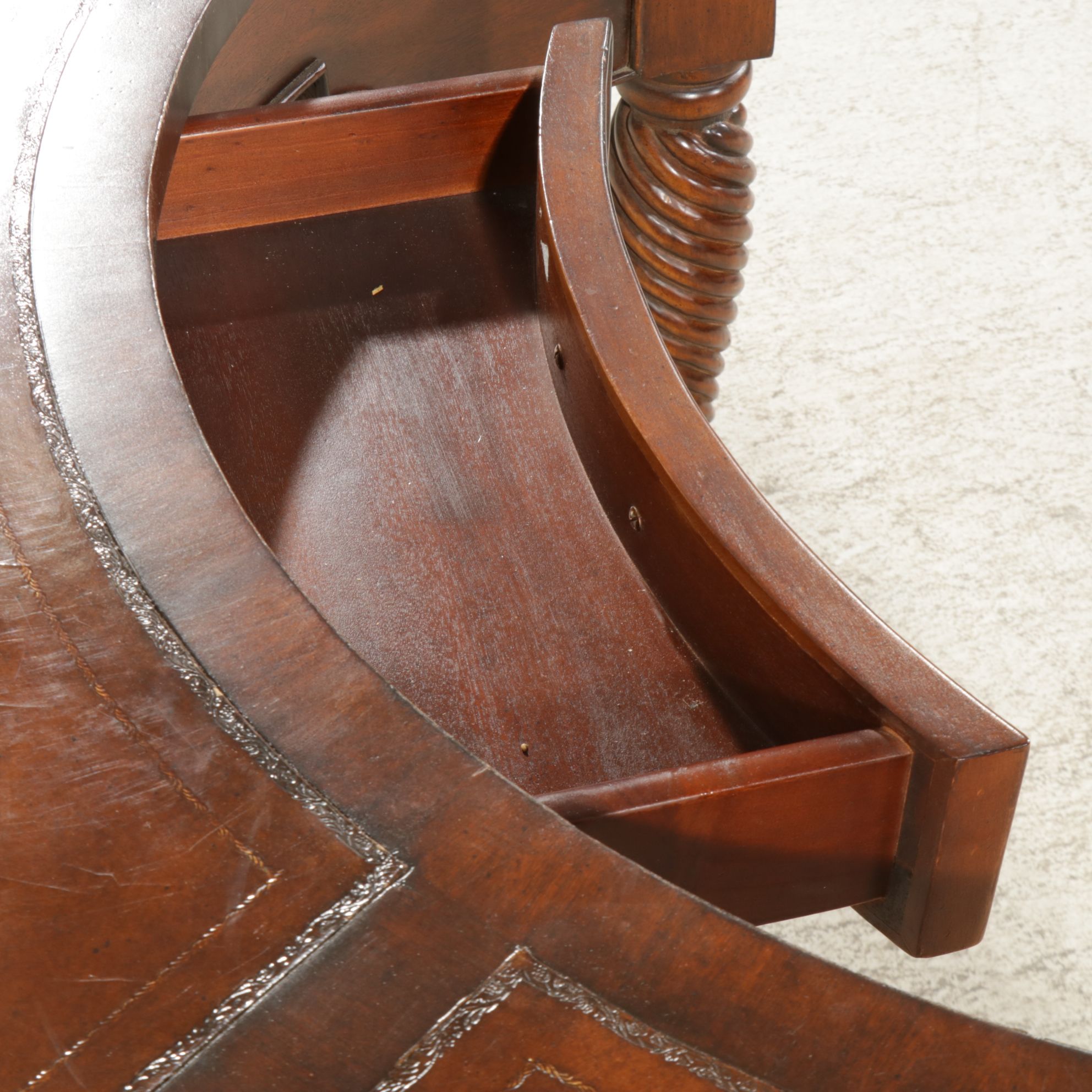 Sheraton Style Mahogany Curved Desk with Leather Inserts and Twist Legs