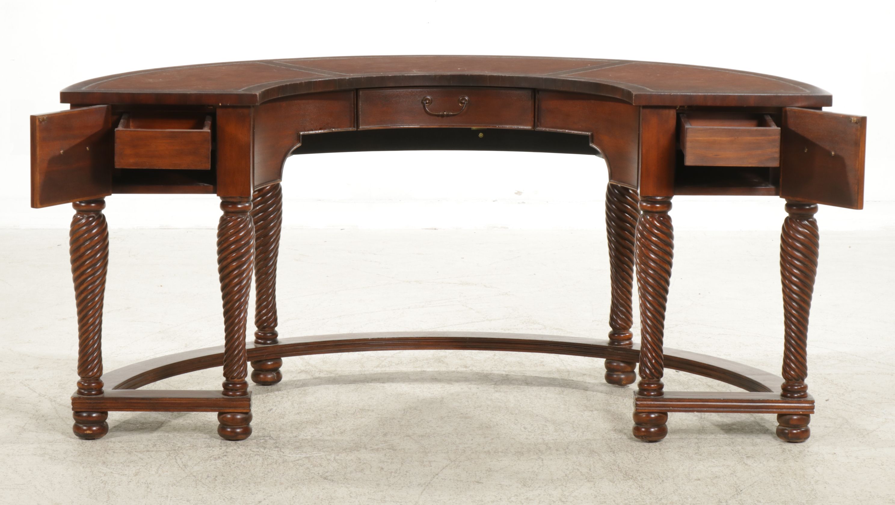 Sheraton Style Mahogany Curved Desk with Leather Inserts and Twist Legs