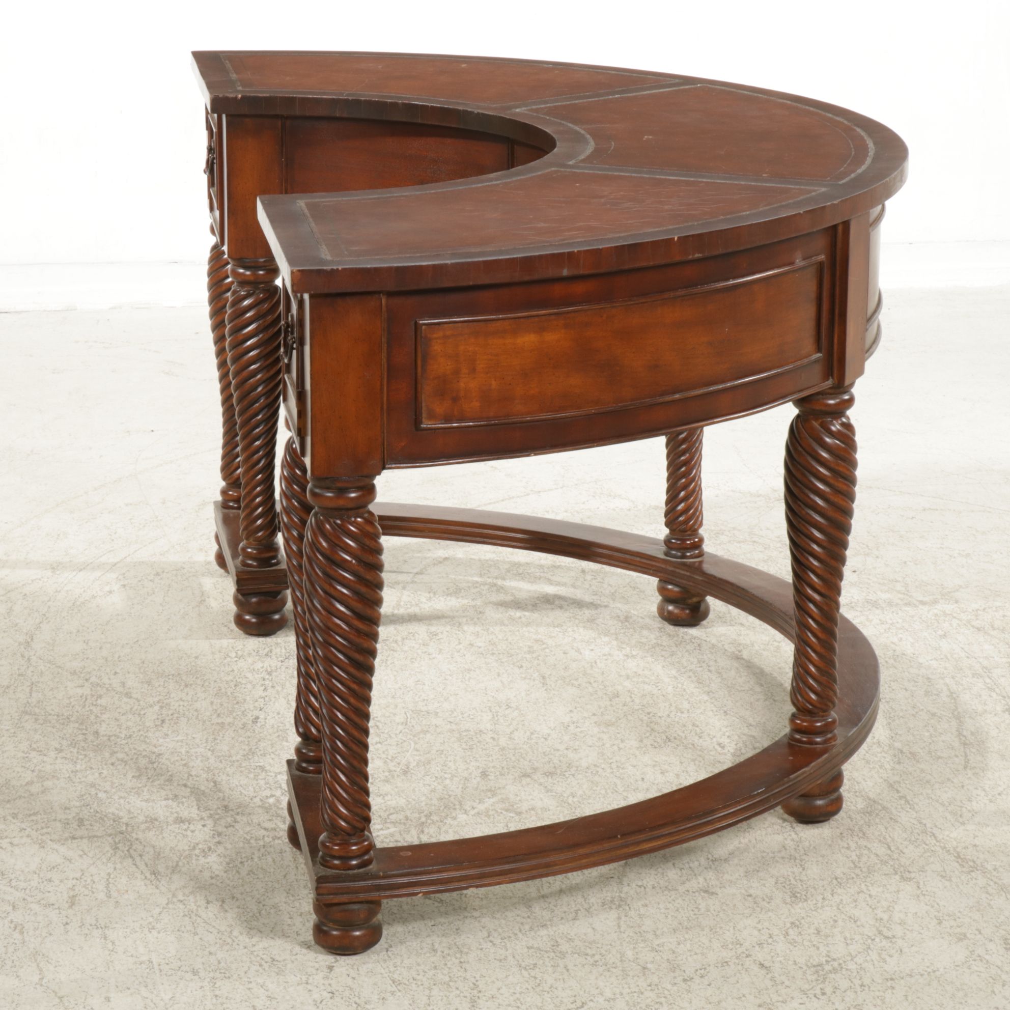 Sheraton Style Mahogany Curved Desk with Leather Inserts and Twist Legs