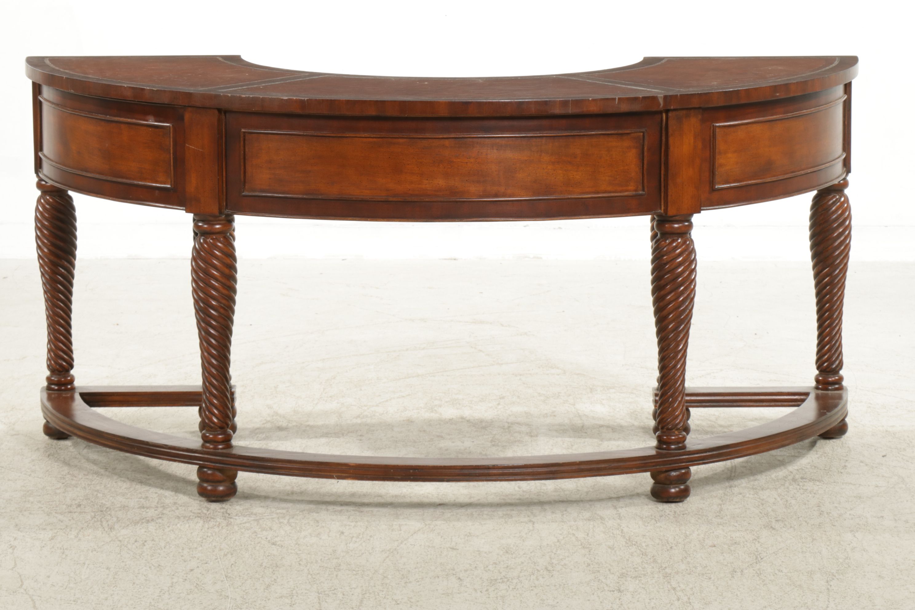 Sheraton Style Mahogany Curved Desk with Leather Inserts and Twist Legs