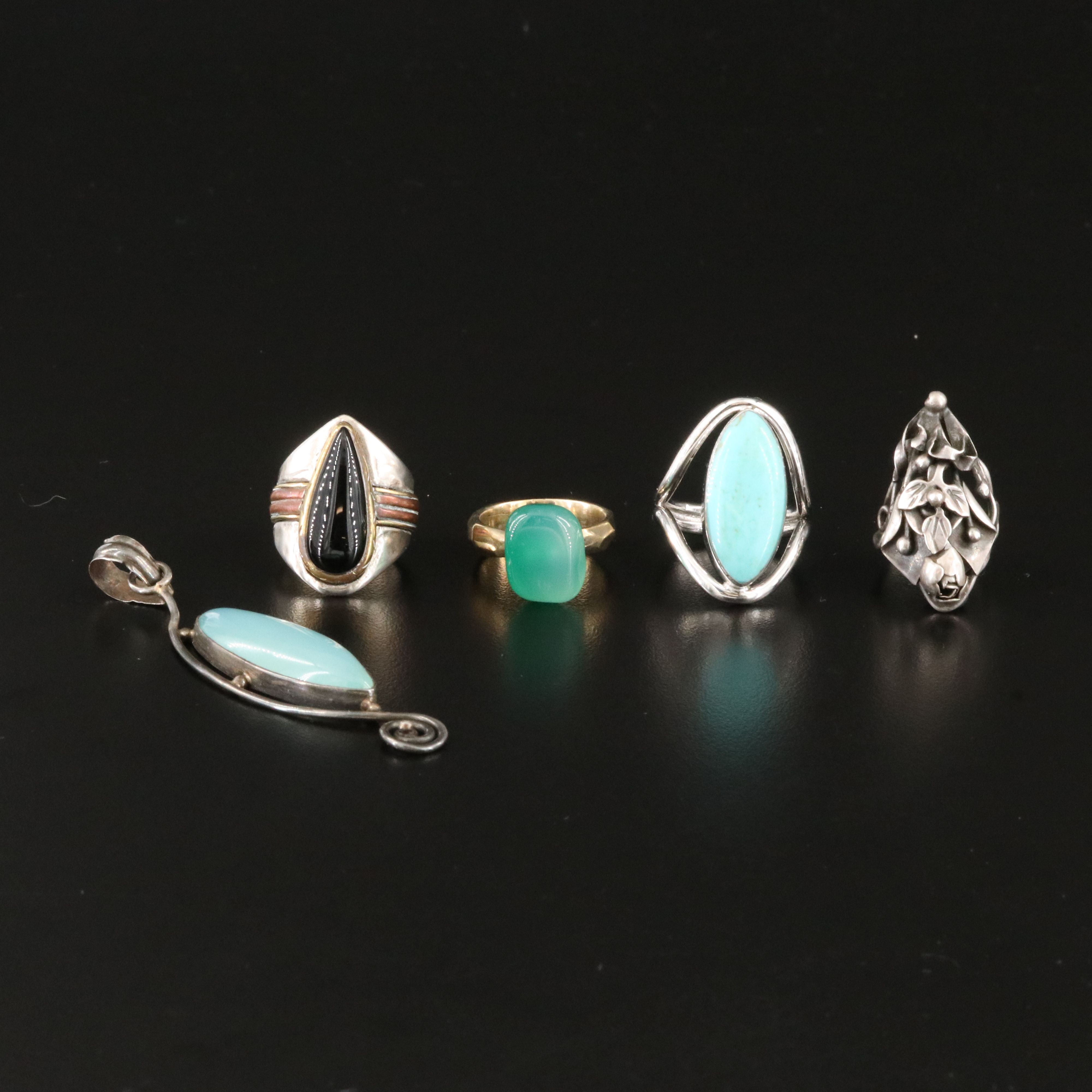 Sterling Rings and Pendant with Black Onyx, Chalcedony and Faux Turquoise