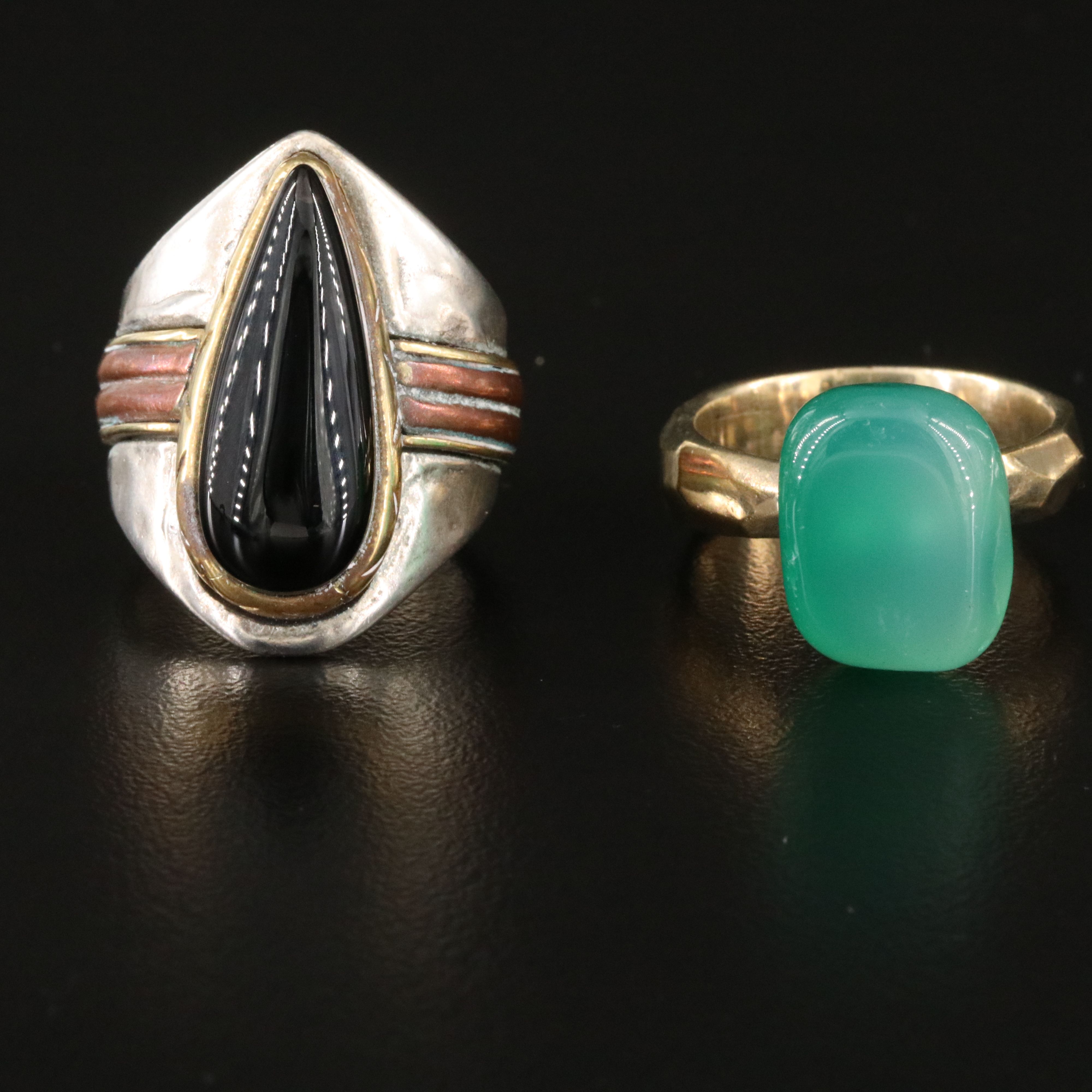 Sterling Rings and Pendant with Black Onyx, Chalcedony and Faux Turquoise
