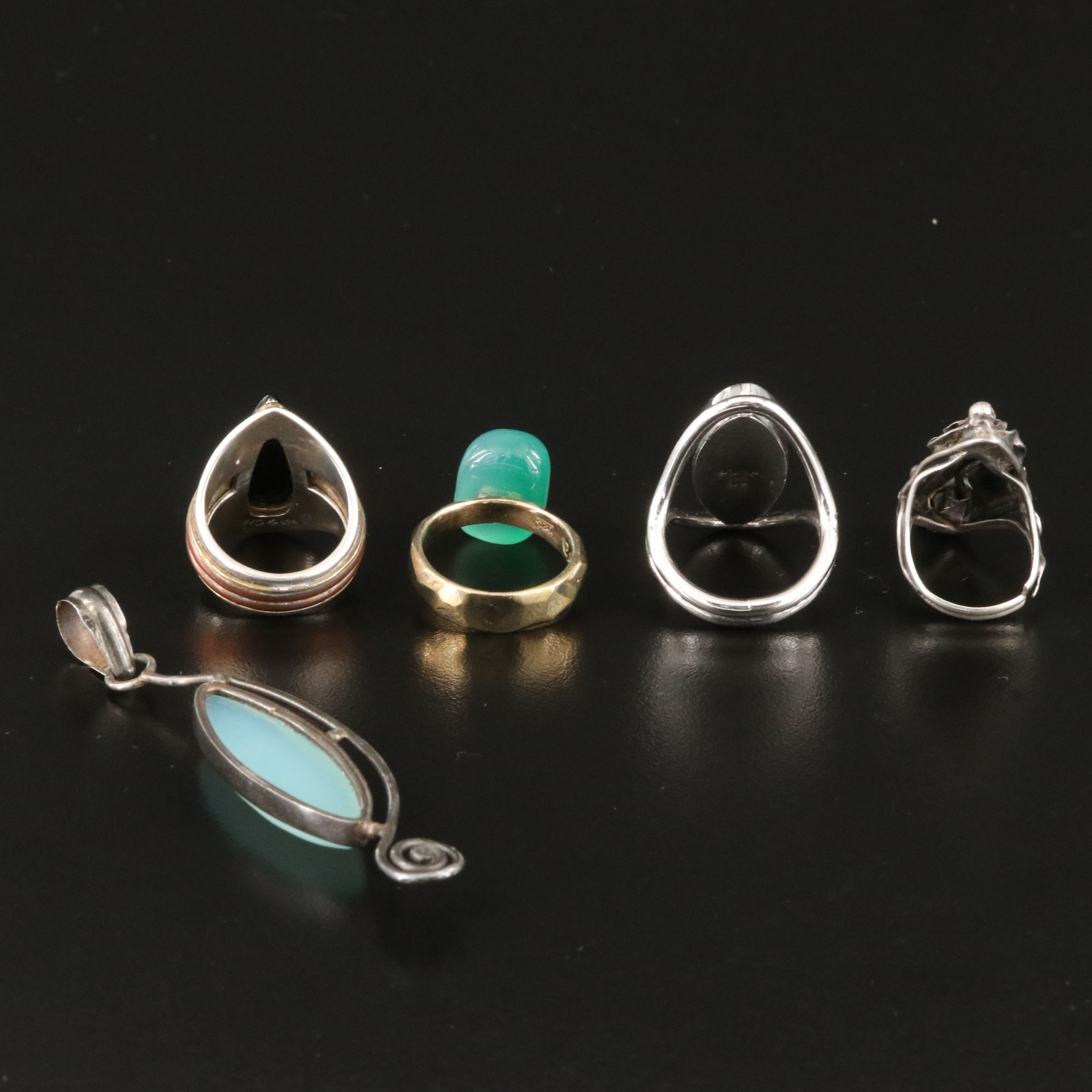 Sterling Rings and Pendant with Black Onyx, Chalcedony and Faux Turquoise