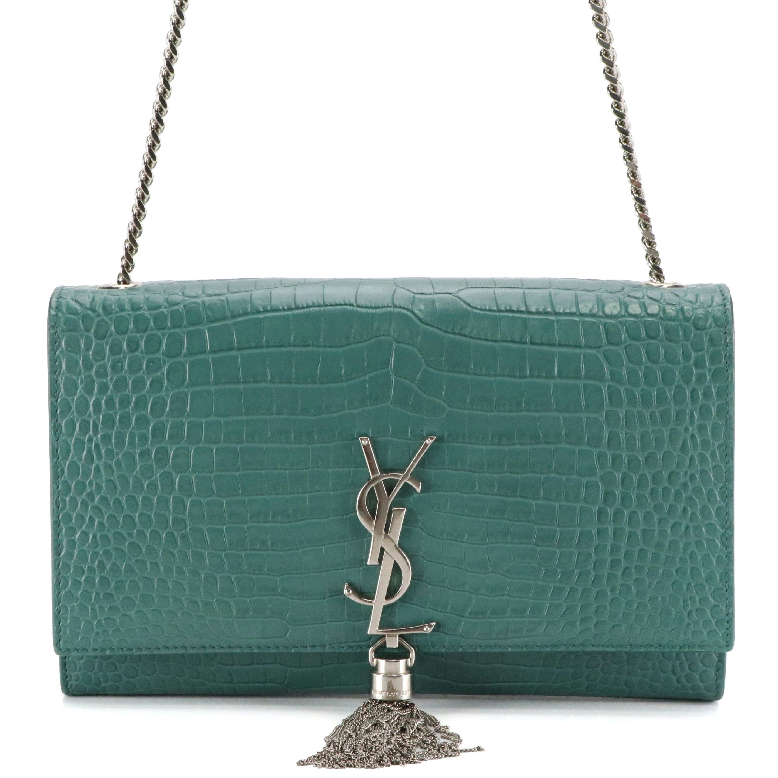 LIBRA: Saint Laurent Medium Kate Tassel Crossbody in Teal Croc Embossed Leather