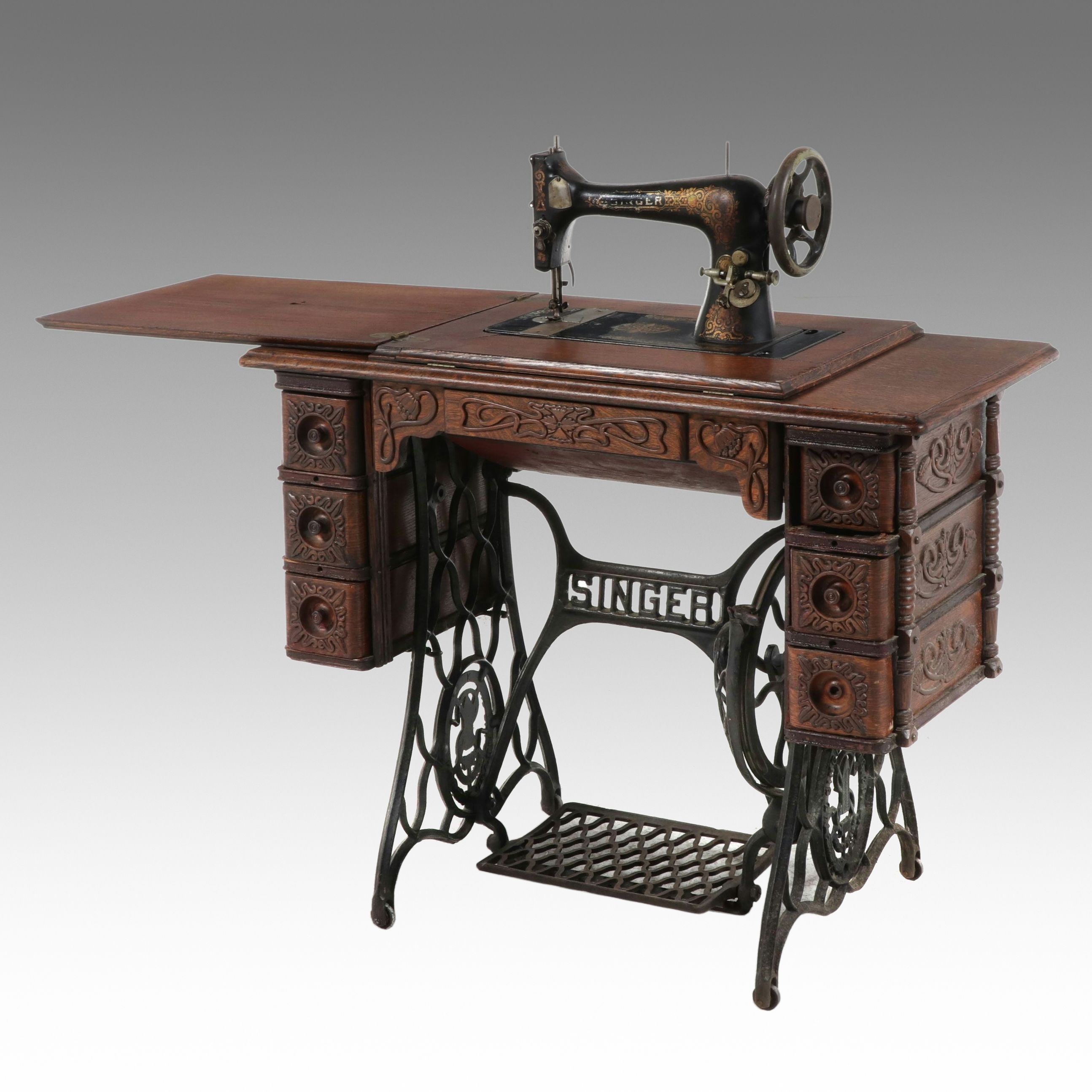 Singer Sewing Machine Model 27 with Treadle and Oak Cabinet, 1903