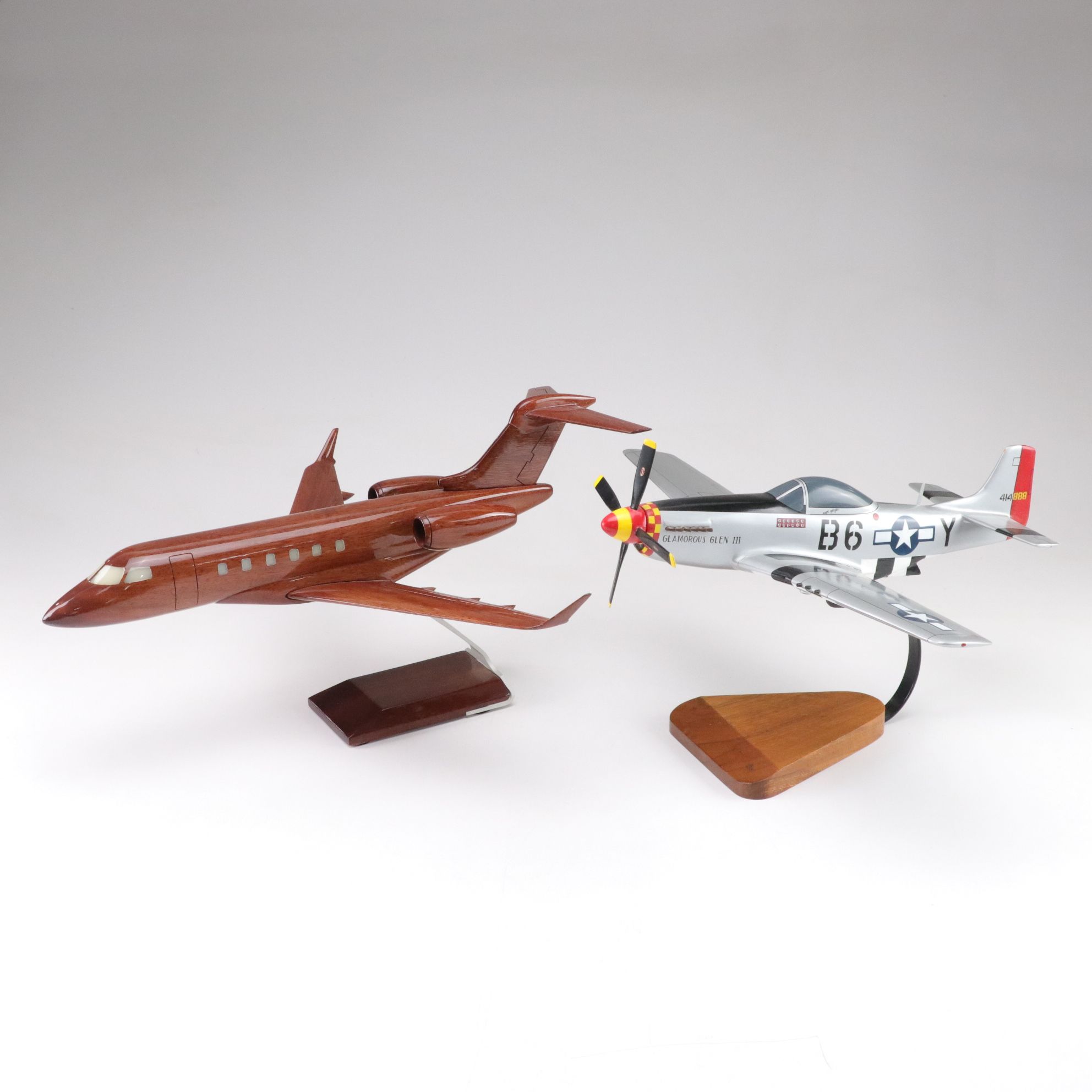 P-51 Mustang Glamorous Glen III & Bombardier Challenger 604 Wooden Plane Models