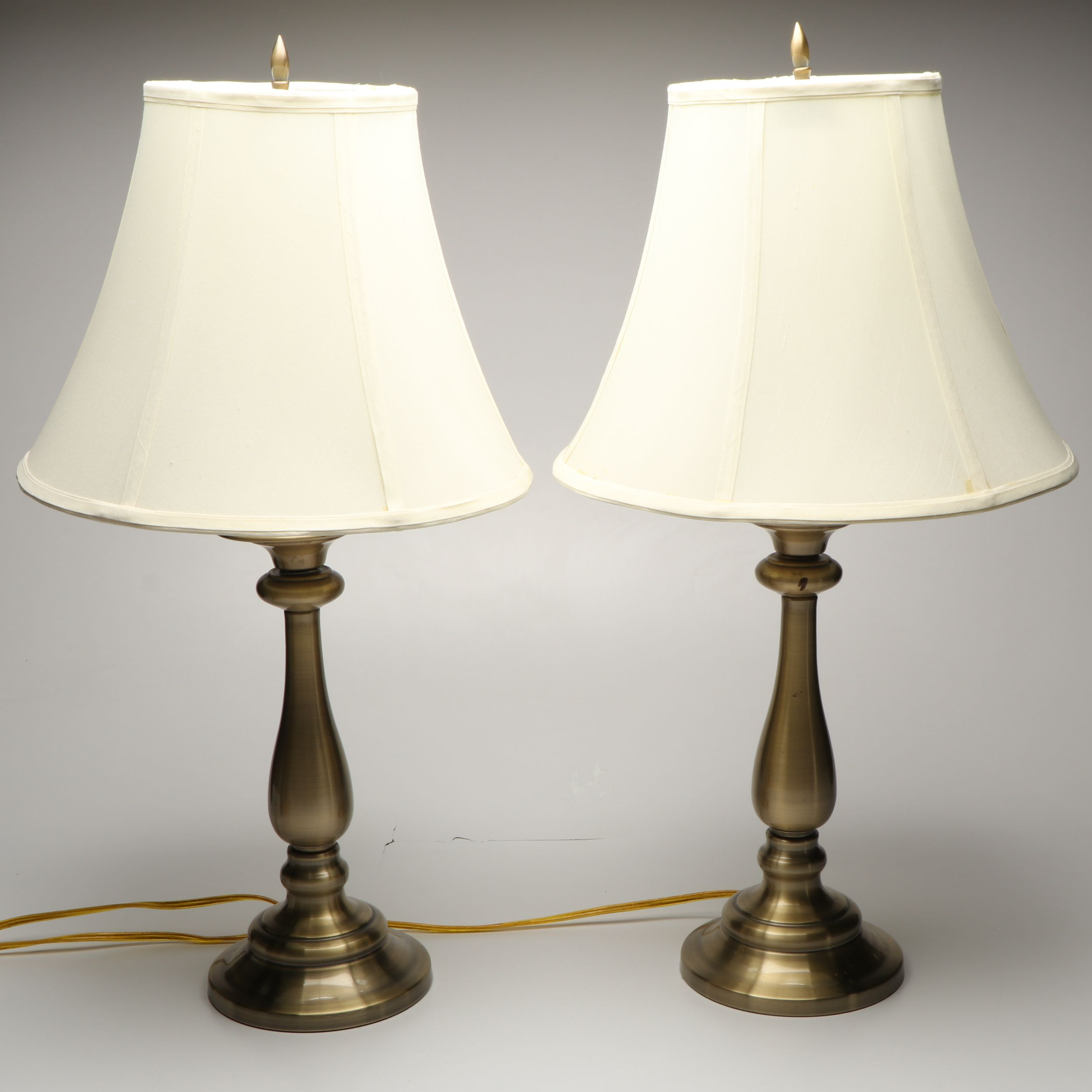 Pair of Stiffel Candlestick Form Brushed Brass Table Lamps