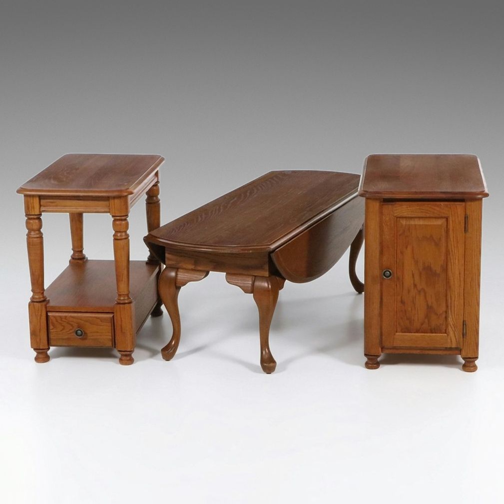 Three-Piece Oak End Table Set with Queen Anne Style Drop-Leaf Coffee Table