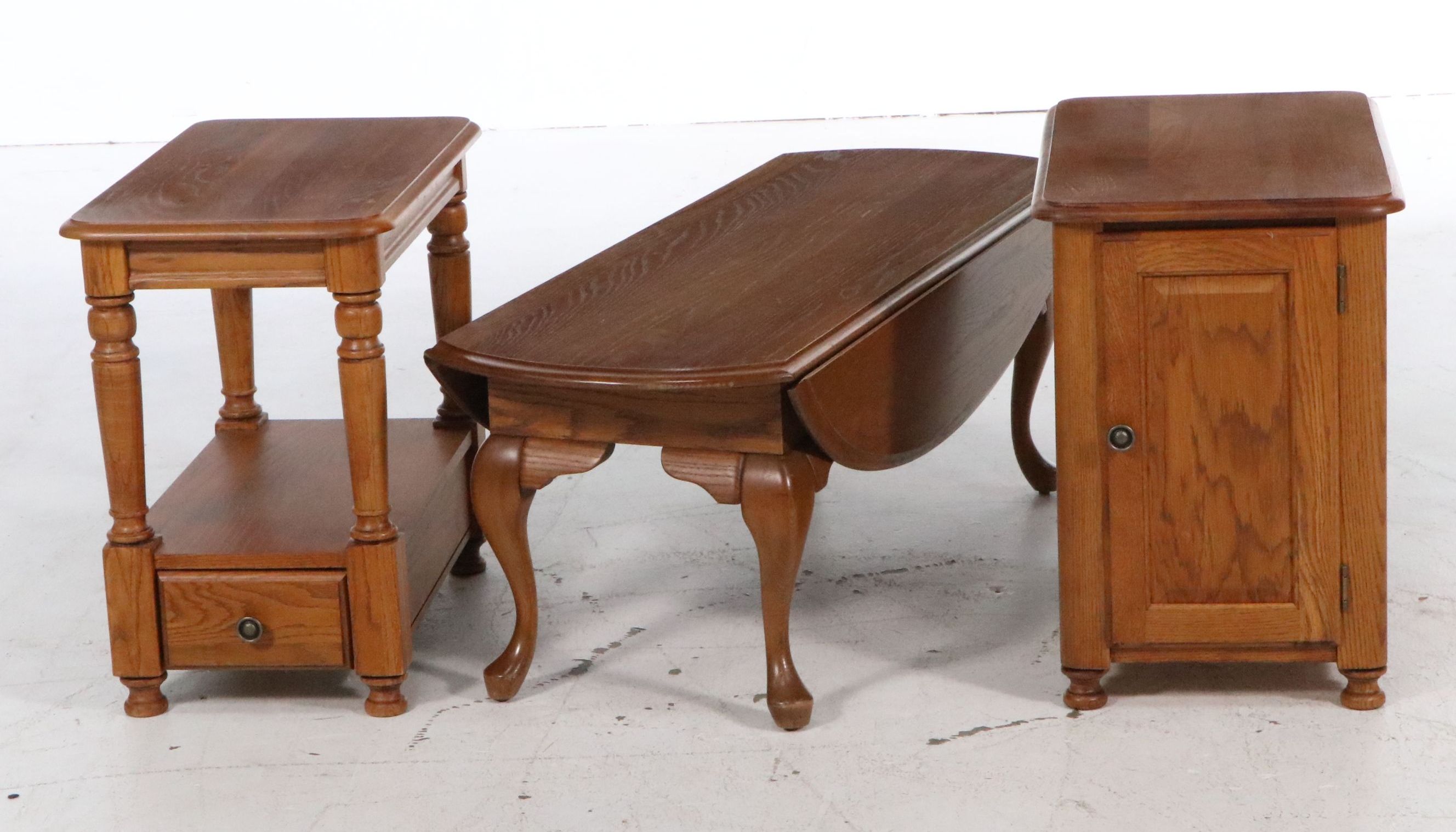 Three-Piece Oak End Table Set with Queen Anne Style Drop-Leaf Coffee Table