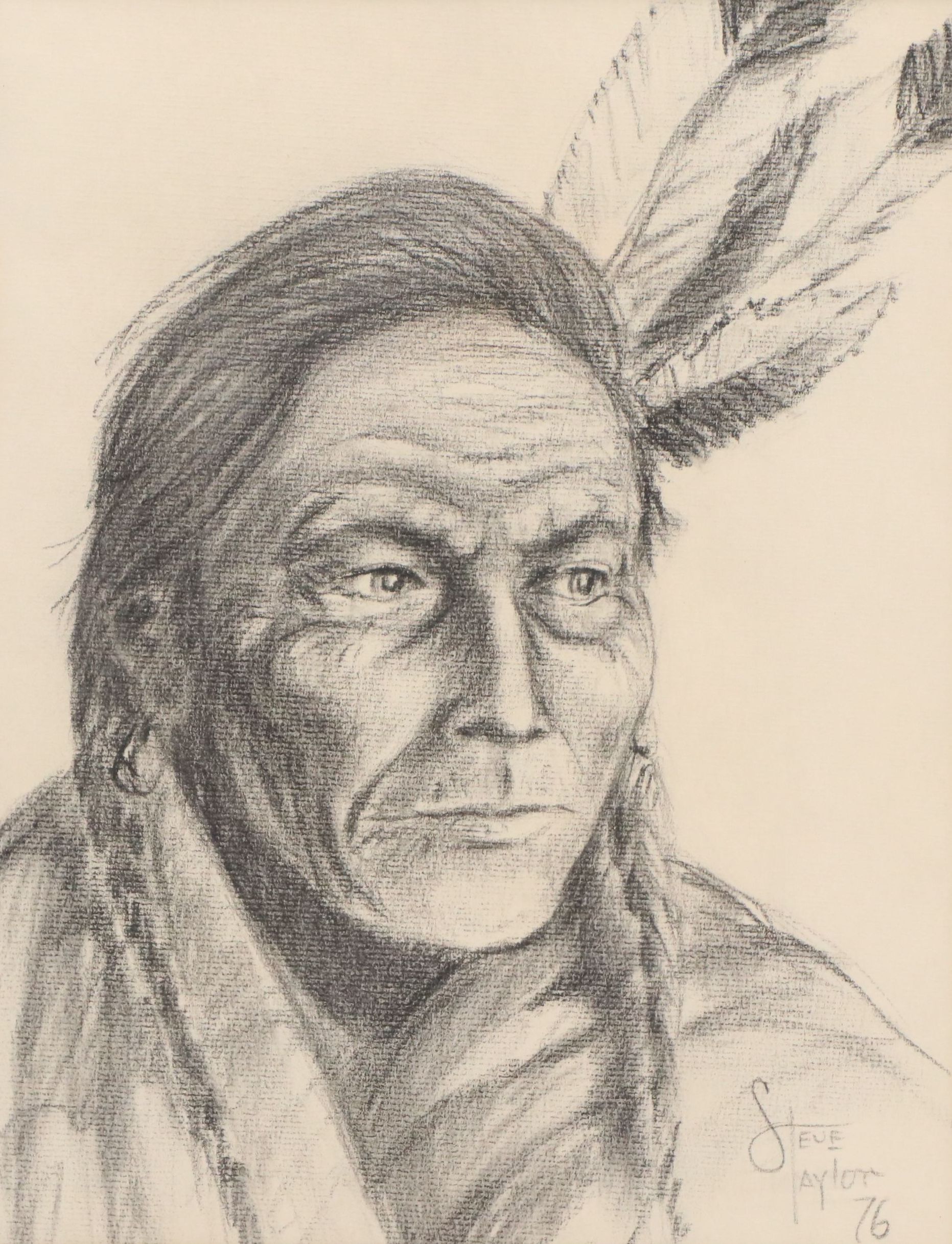 Steve Taylor Charcoal Drawing "Holding Eagle: Cultural Group Gros Ventre," 1976