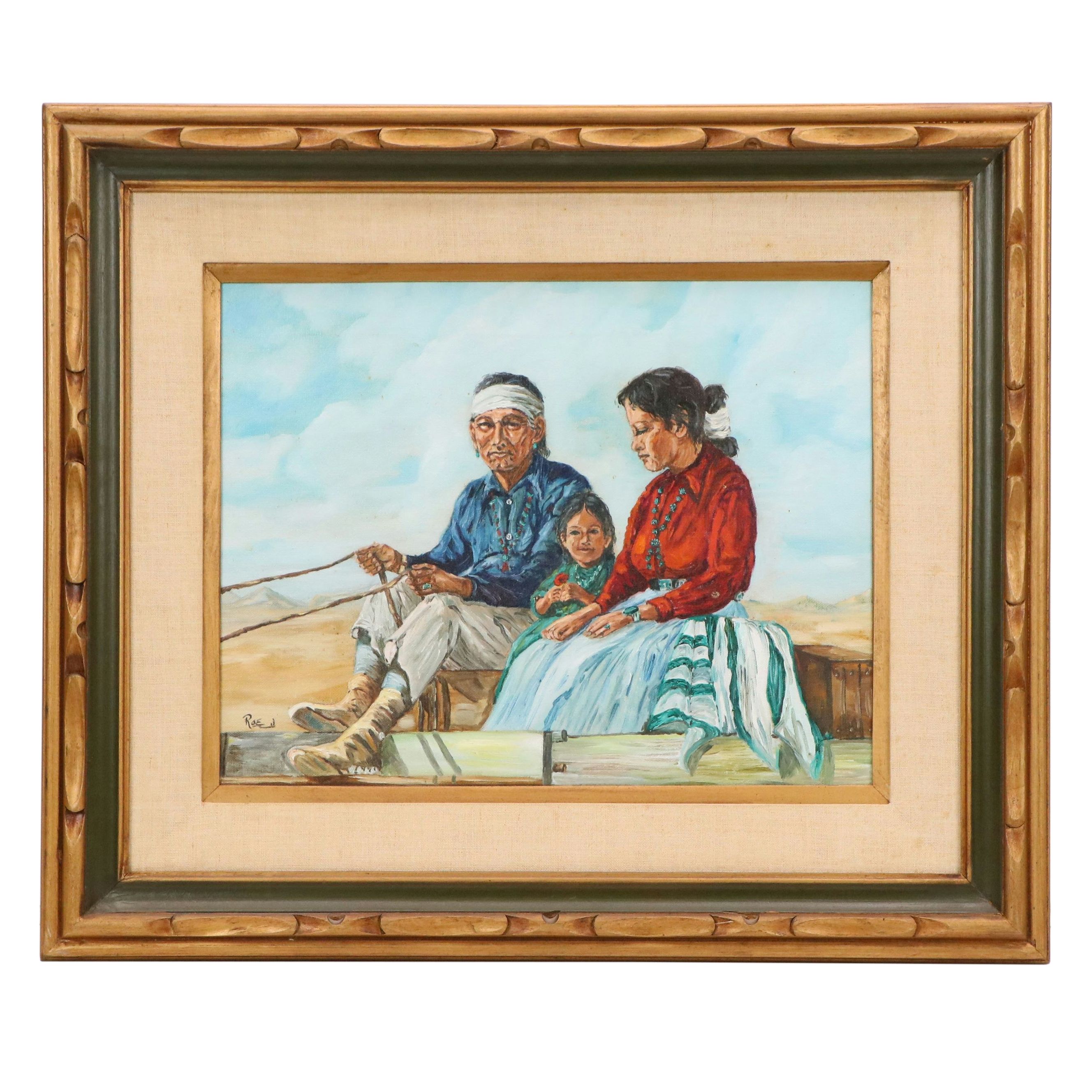 Roe Kiesling Oil Painting of Southwestern Indigenous Family in Wagon, 20th C.