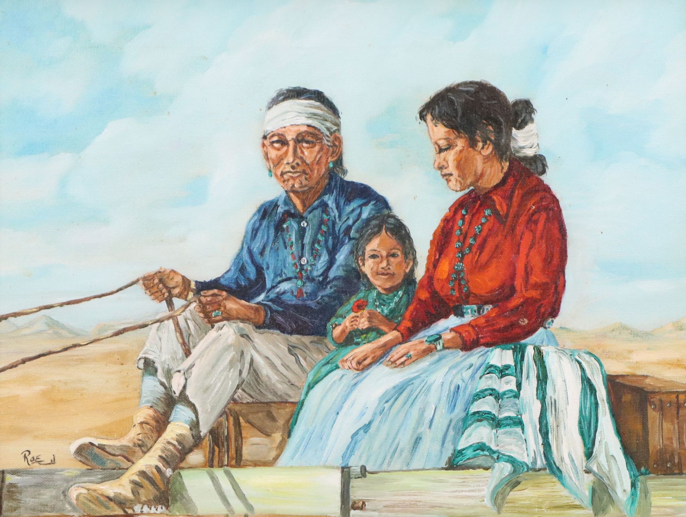 Roe Kiesling Oil Painting of Southwestern Indigenous Family in Wagon, 20th C.