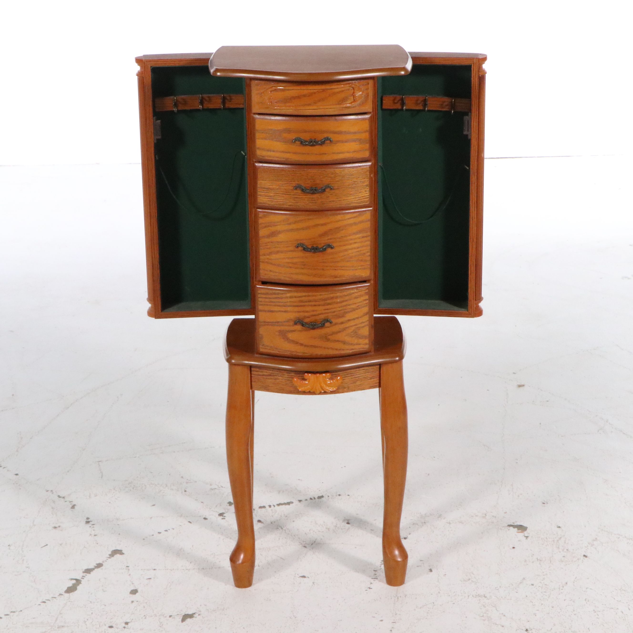 Queen Anne Style Oak Veneer Standing Jewelry Armoire, Late 20th Century
