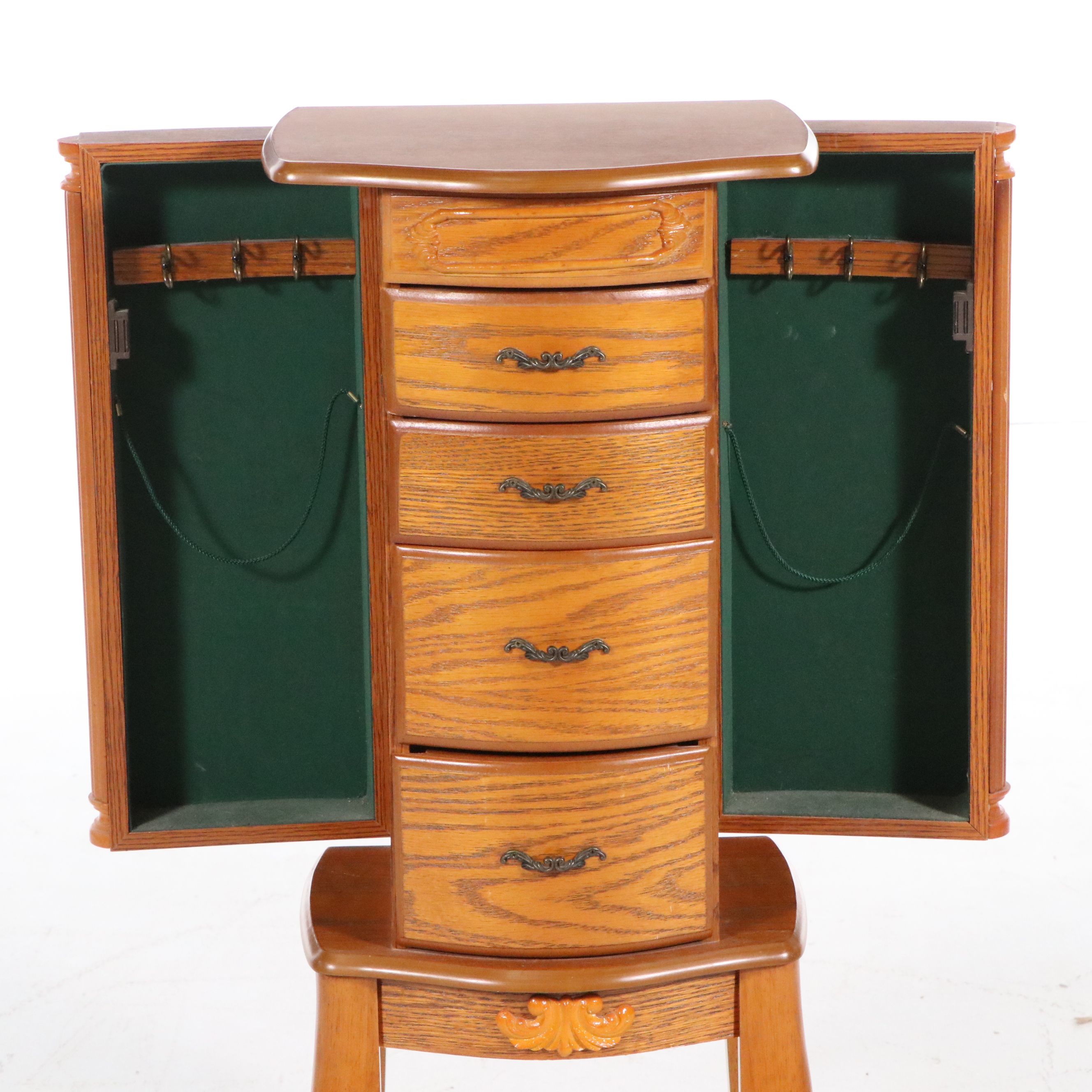 Queen Anne Style Oak Veneer Standing Jewelry Armoire, Late 20th Century