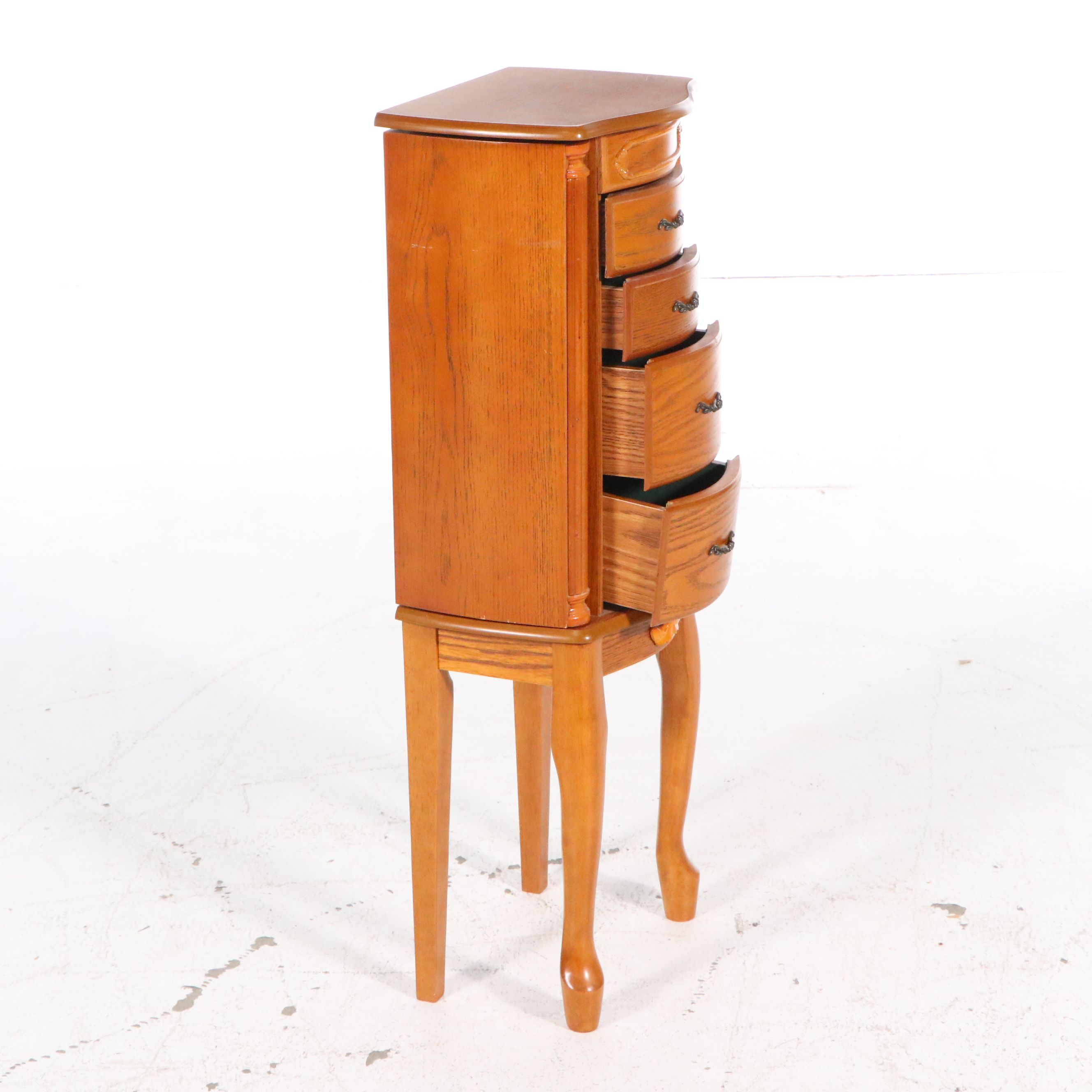Queen Anne Style Oak Veneer Standing Jewelry Armoire, Late 20th Century