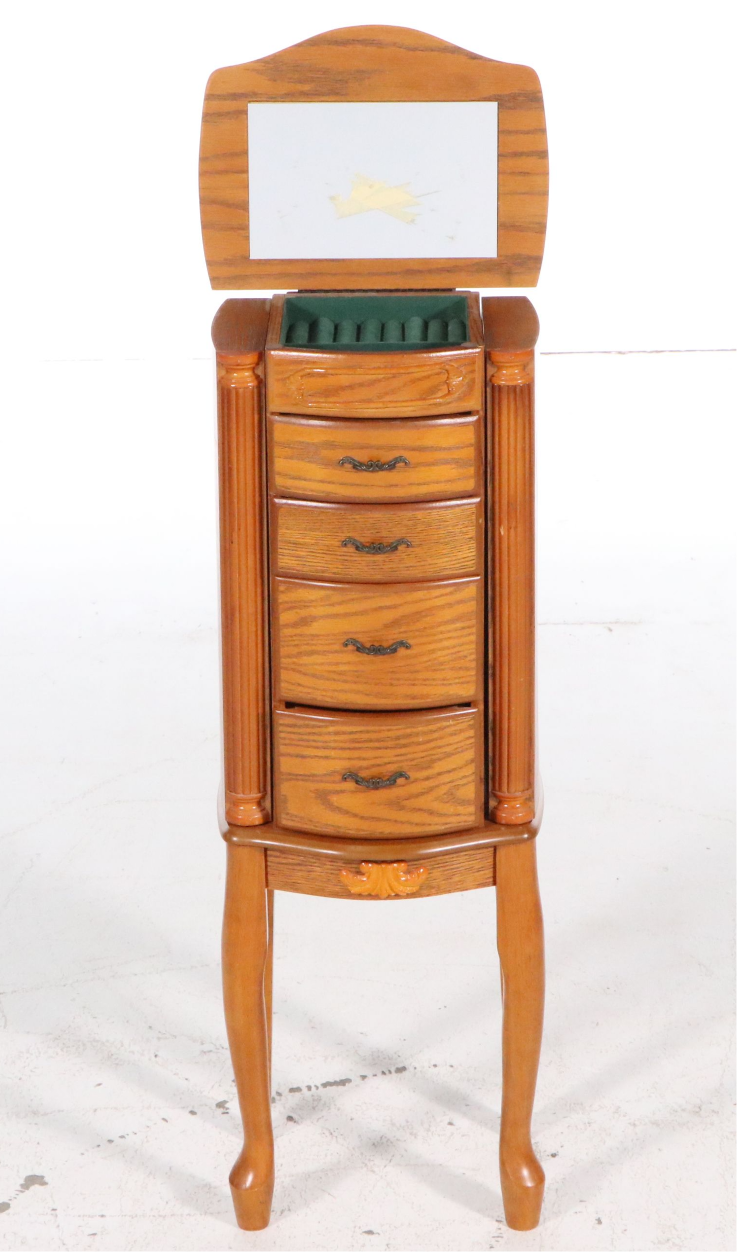 Queen Anne Style Oak Veneer Standing Jewelry Armoire, Late 20th Century