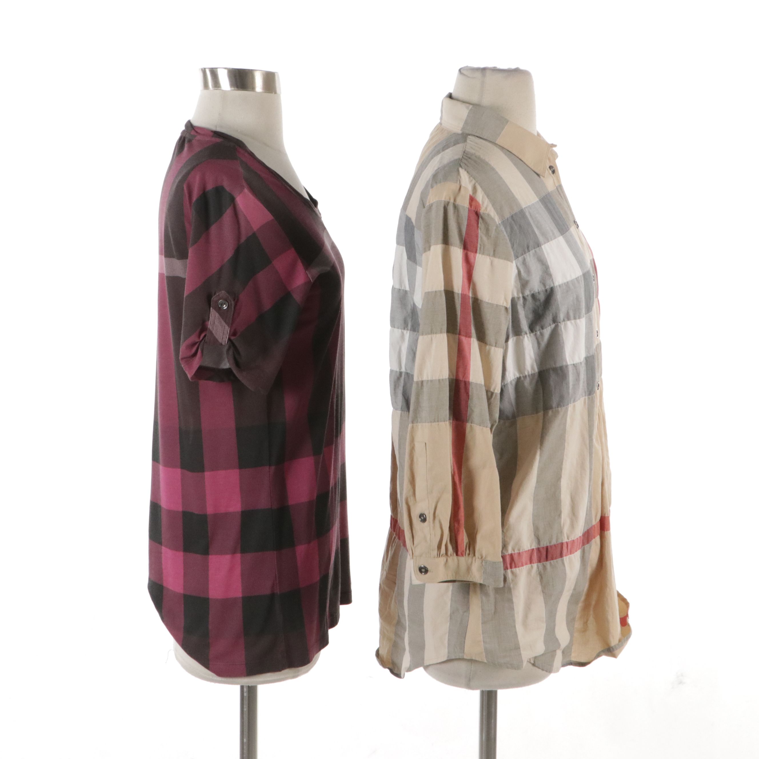 Burberry Brit Classic Check Button-Up Tunic Shirt and Deep Claret Top with Tags