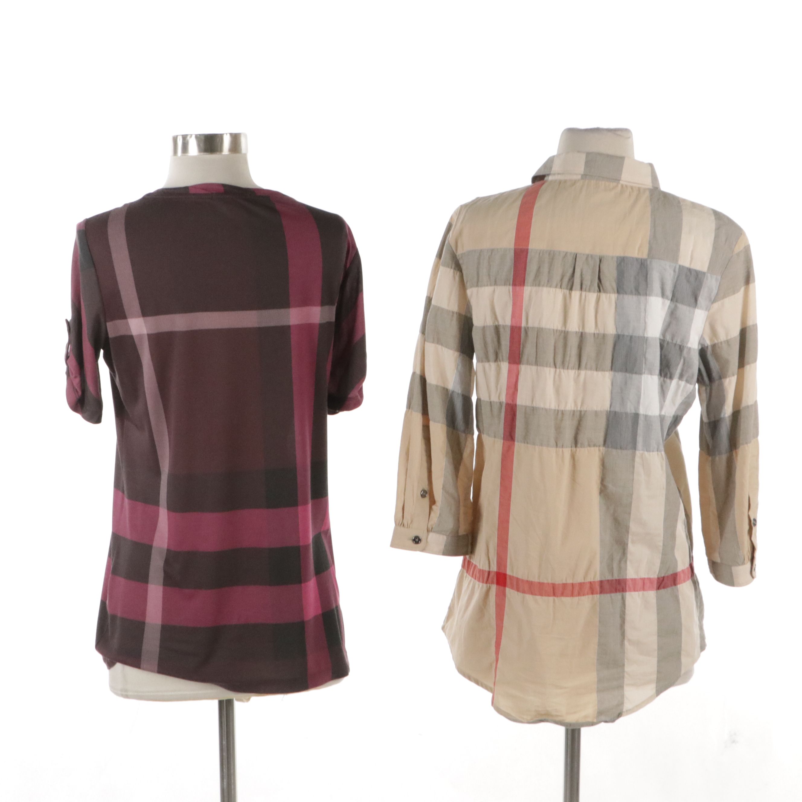 Burberry Brit Classic Check Button-Up Tunic Shirt and Deep Claret Top with Tags