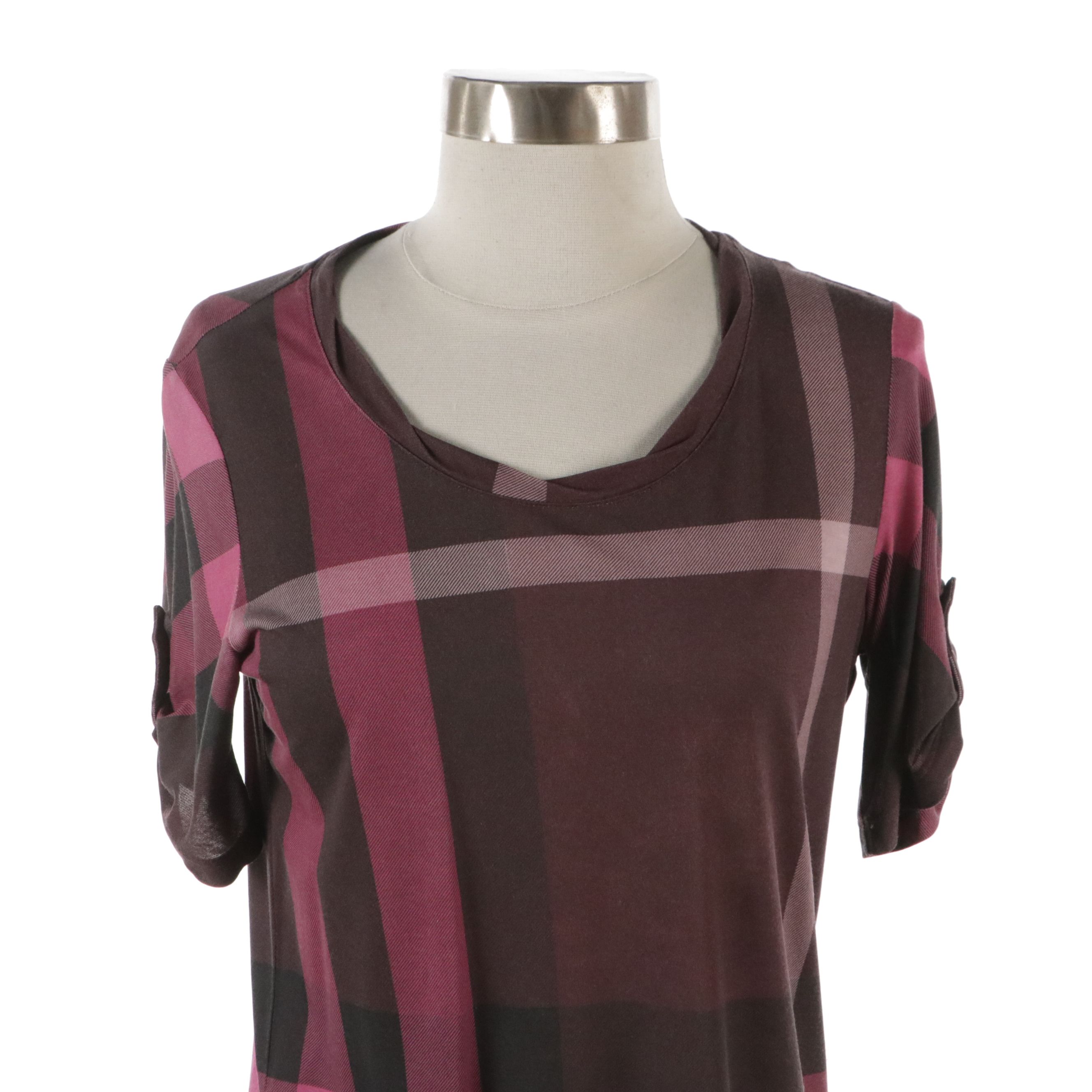 Burberry Brit Classic Check Button-Up Tunic Shirt and Deep Claret Top with Tags