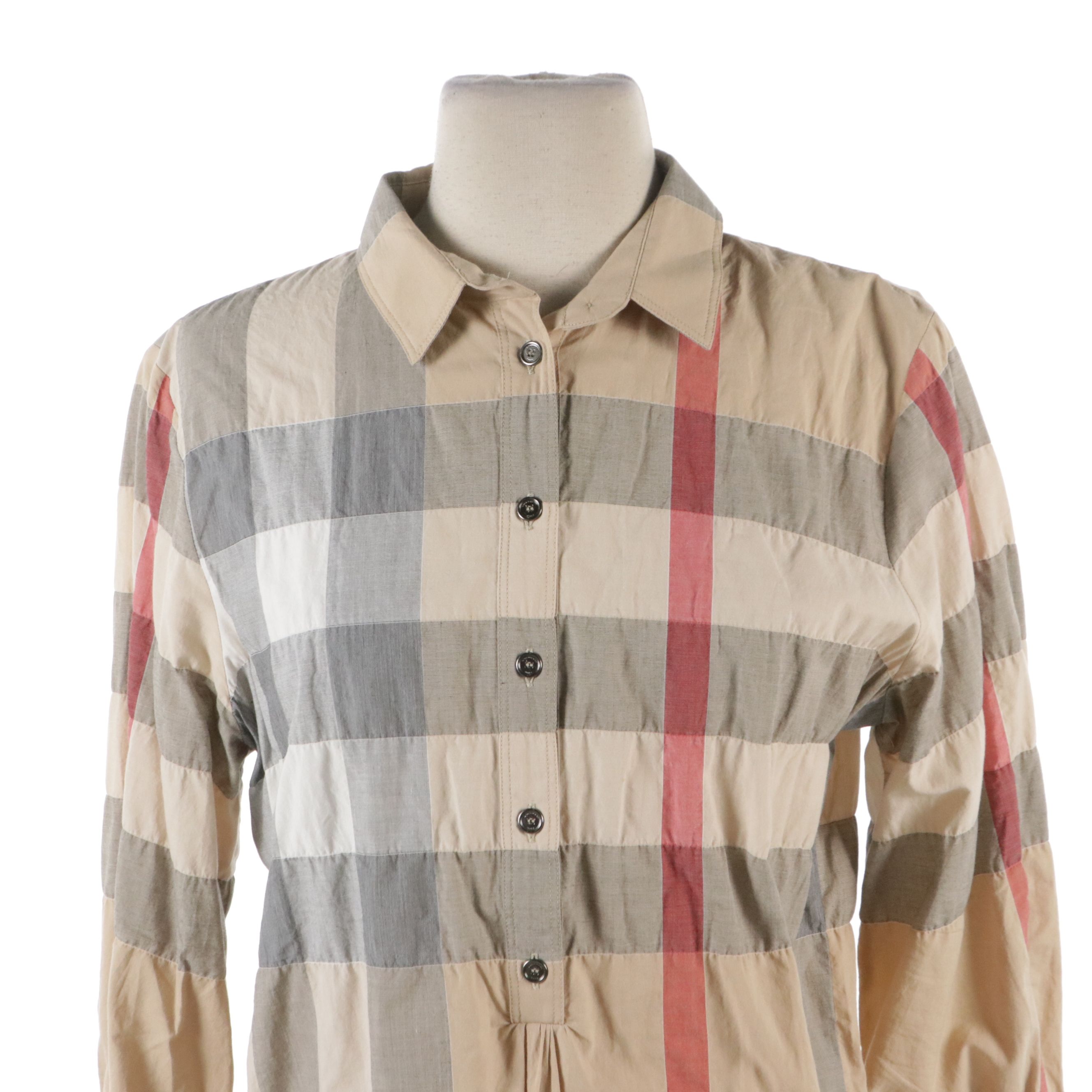 Burberry Brit Classic Check Button-Up Tunic Shirt and Deep Claret Top with Tags