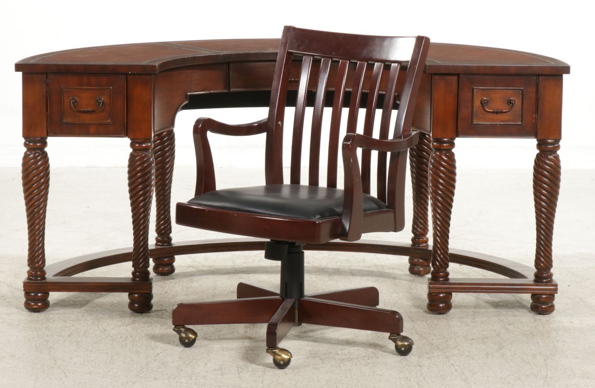 Sheraton Style Mahogany Curved Desk with Leather Inserts and Twist Legs