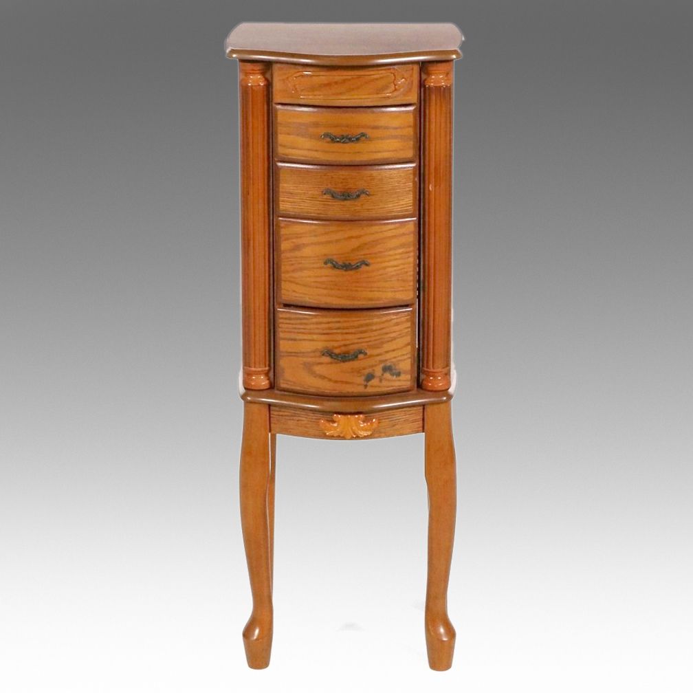 Queen Anne Style Oak Veneer Standing Jewelry Armoire, Late 20th Century