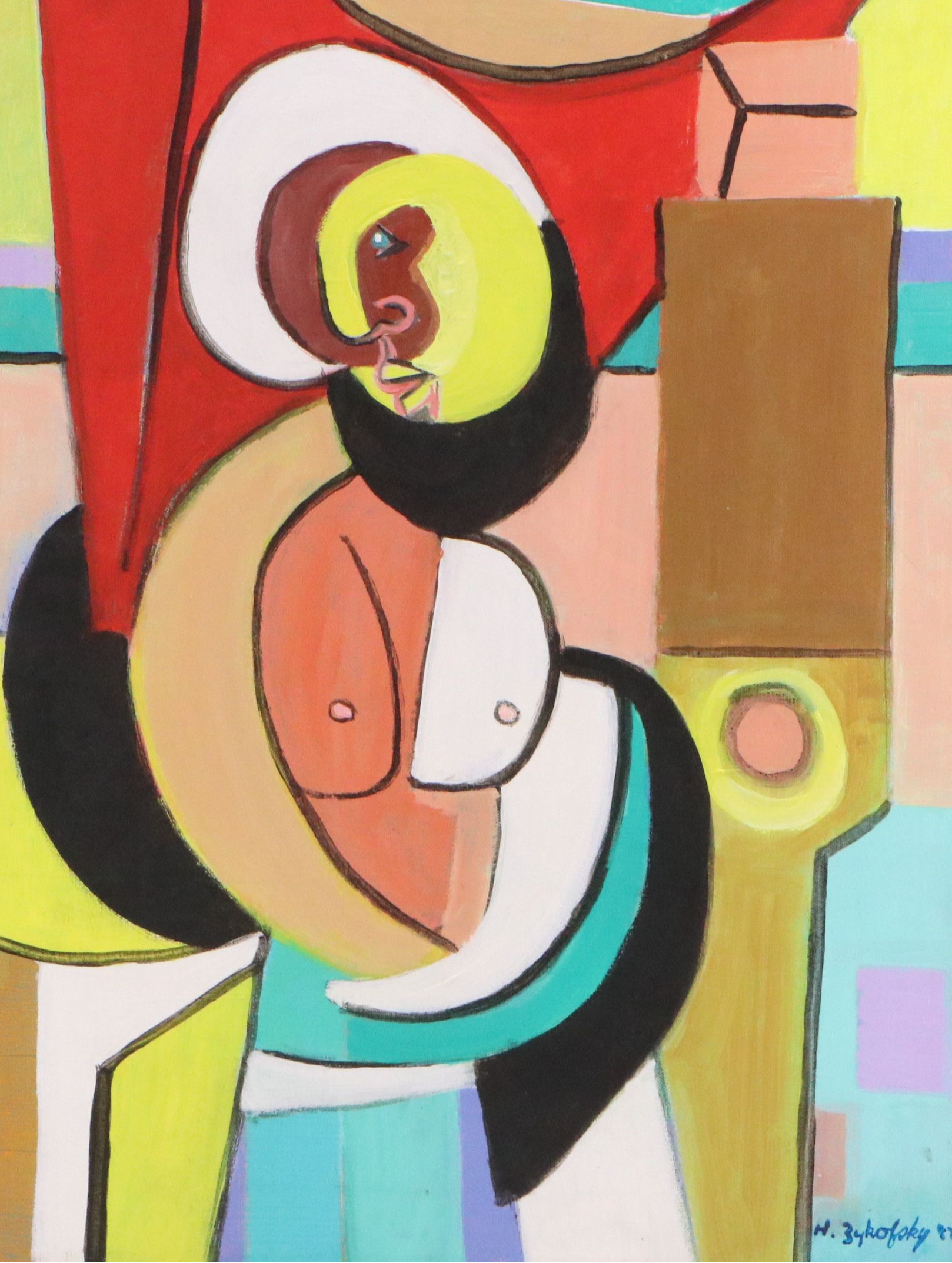 H. Zykofsky Cubist Style Acrylic Painting, 1982