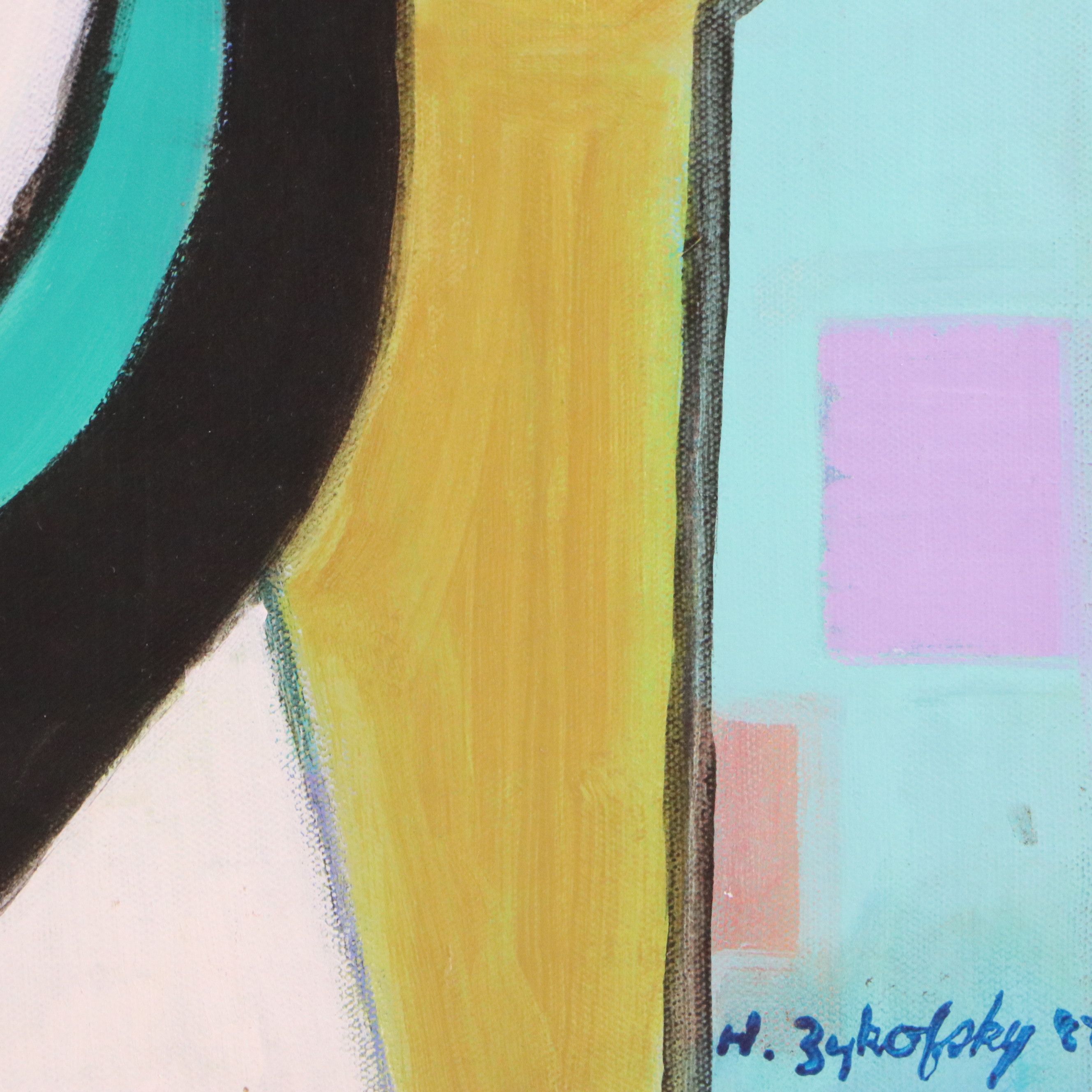 H. Zykofsky Cubist Style Acrylic Painting, 1982