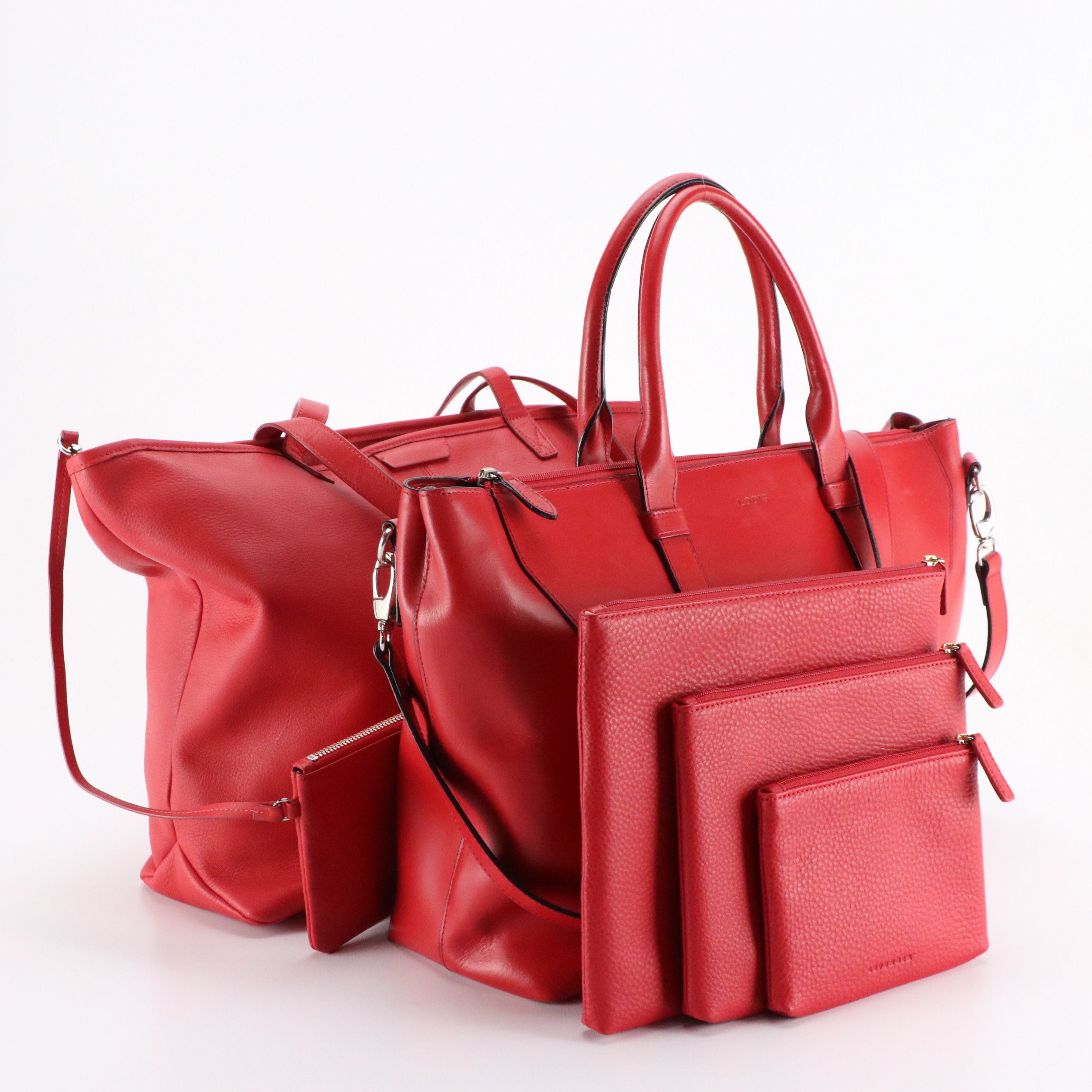 Lodis and Leatherology Red Leather Zippered Tote Bags with Levenger Zip Pouches