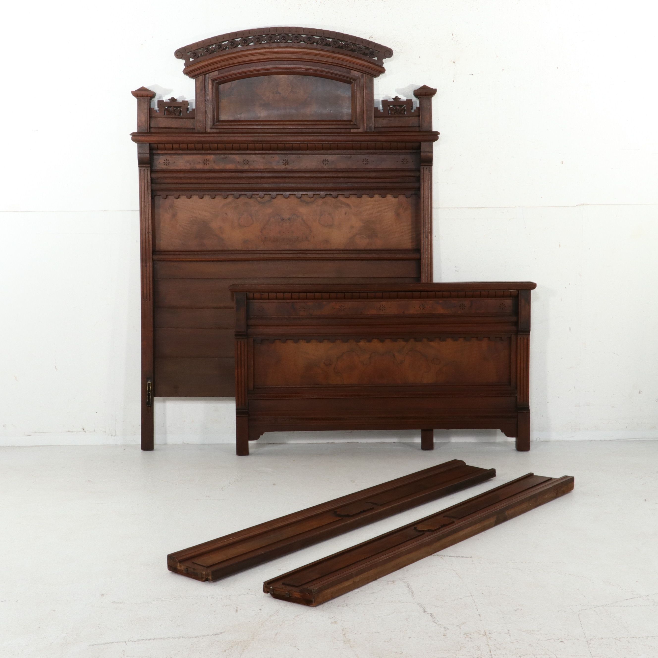 Victorian Eastlake Movement Walnut and Burl Walnut Bedstead, Late 19th Century