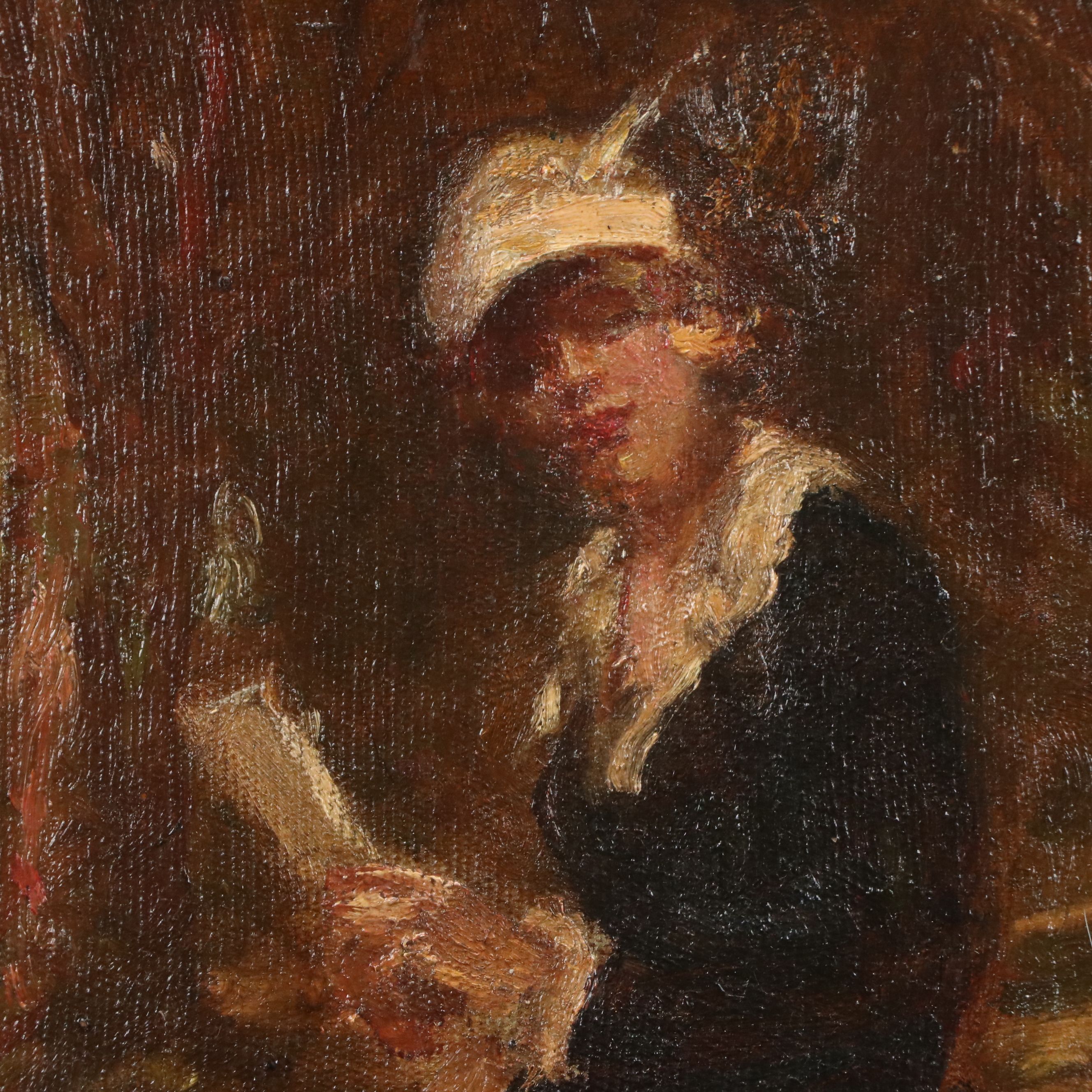 American School Impressionistic Oil Painting of Woman Reading Letter