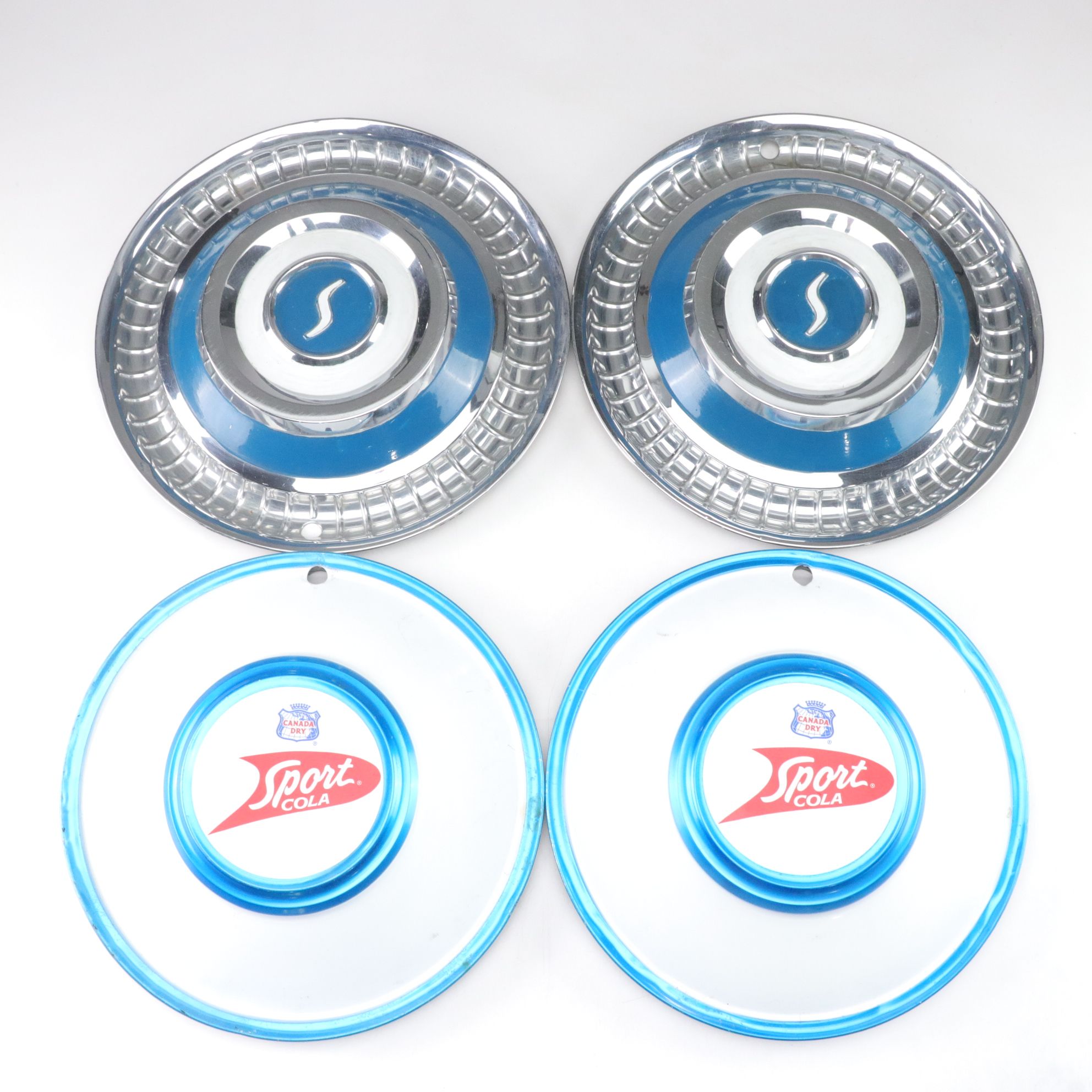 1960s Studebaker and Canada Dry "Sport Cola" Hubcaps in Blue and Chrome Finish