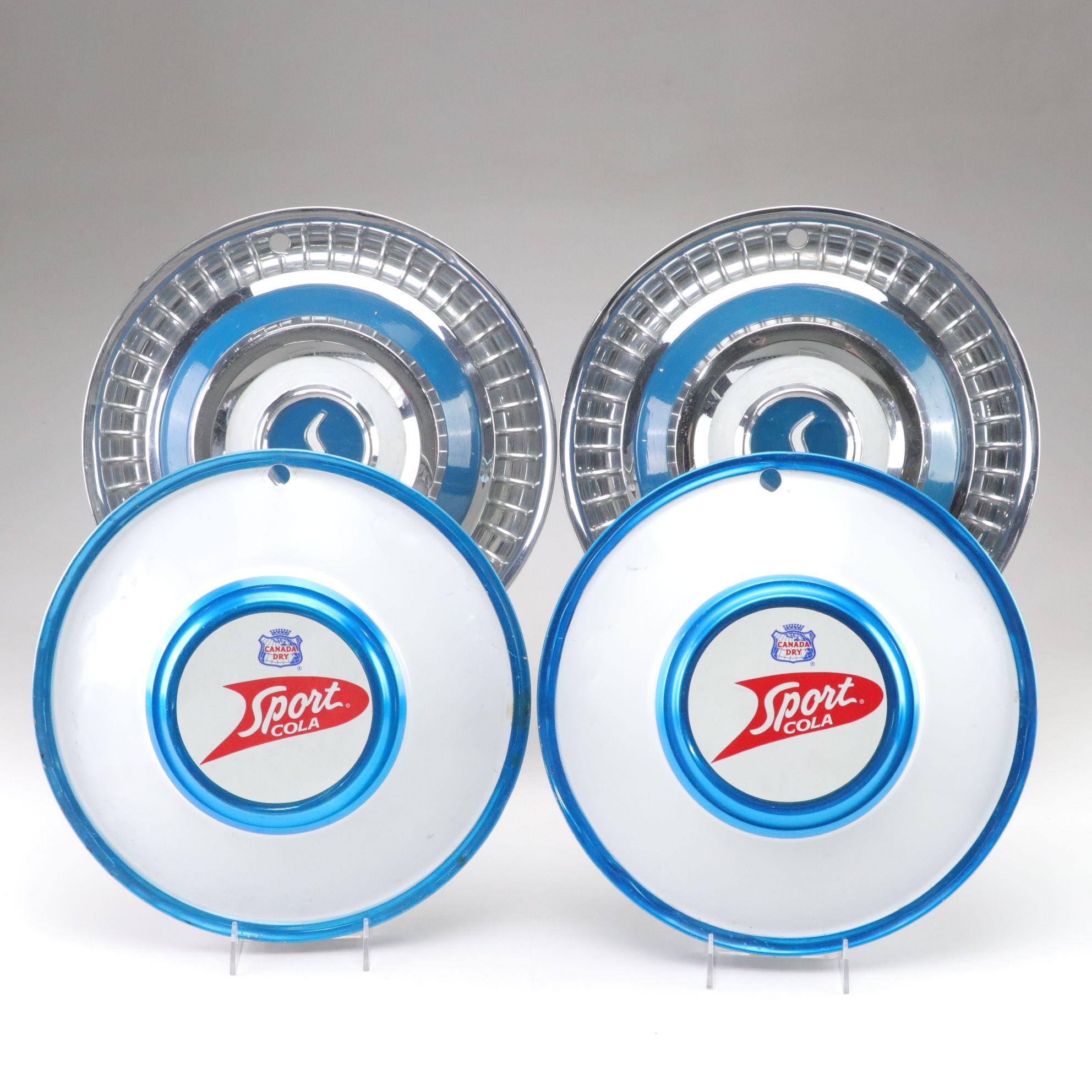 1960s Studebaker and Canada Dry "Sport Cola" Hubcaps in Blue and Chrome Finish