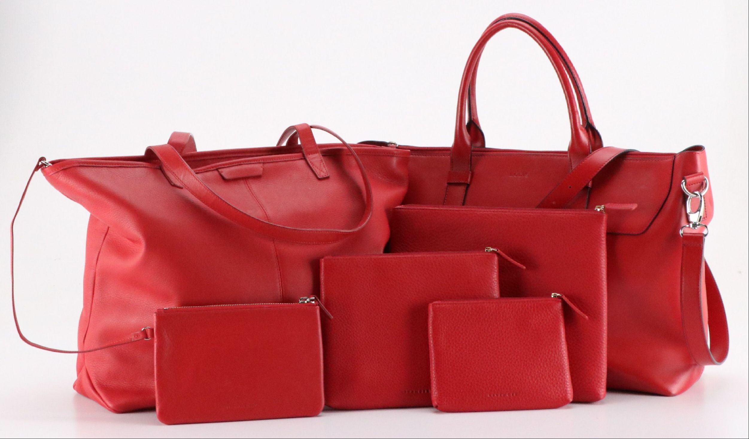 Lodis and Leatherology Red Leather Zippered Tote Bags with Levenger Zip Pouches