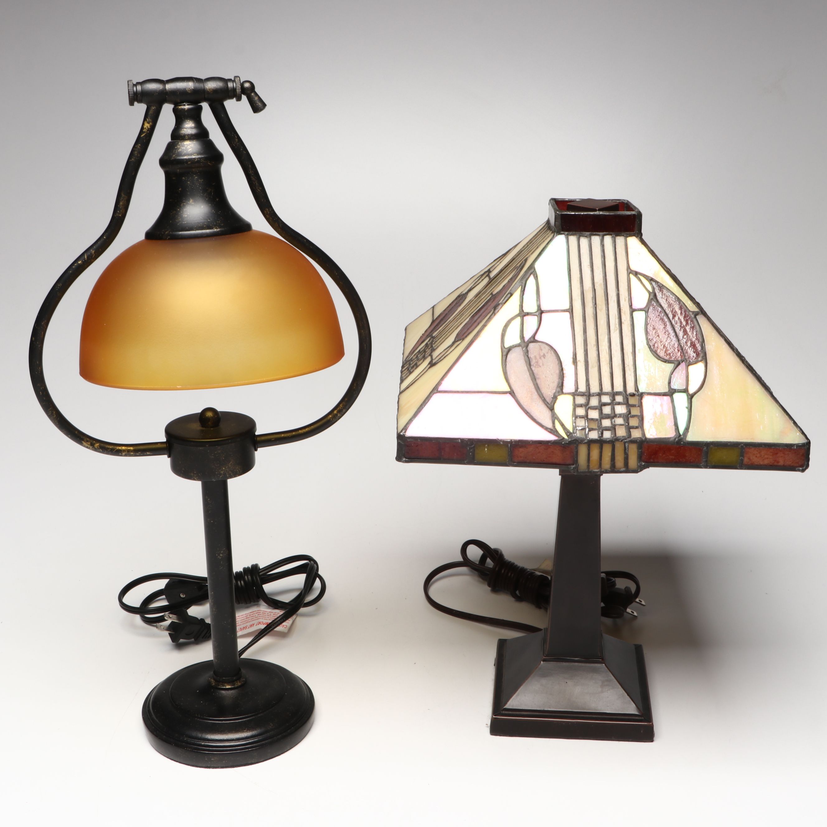 Arts & Crafts Style Iridescent Slag Glass Table Lamp with Other Desk Lamp