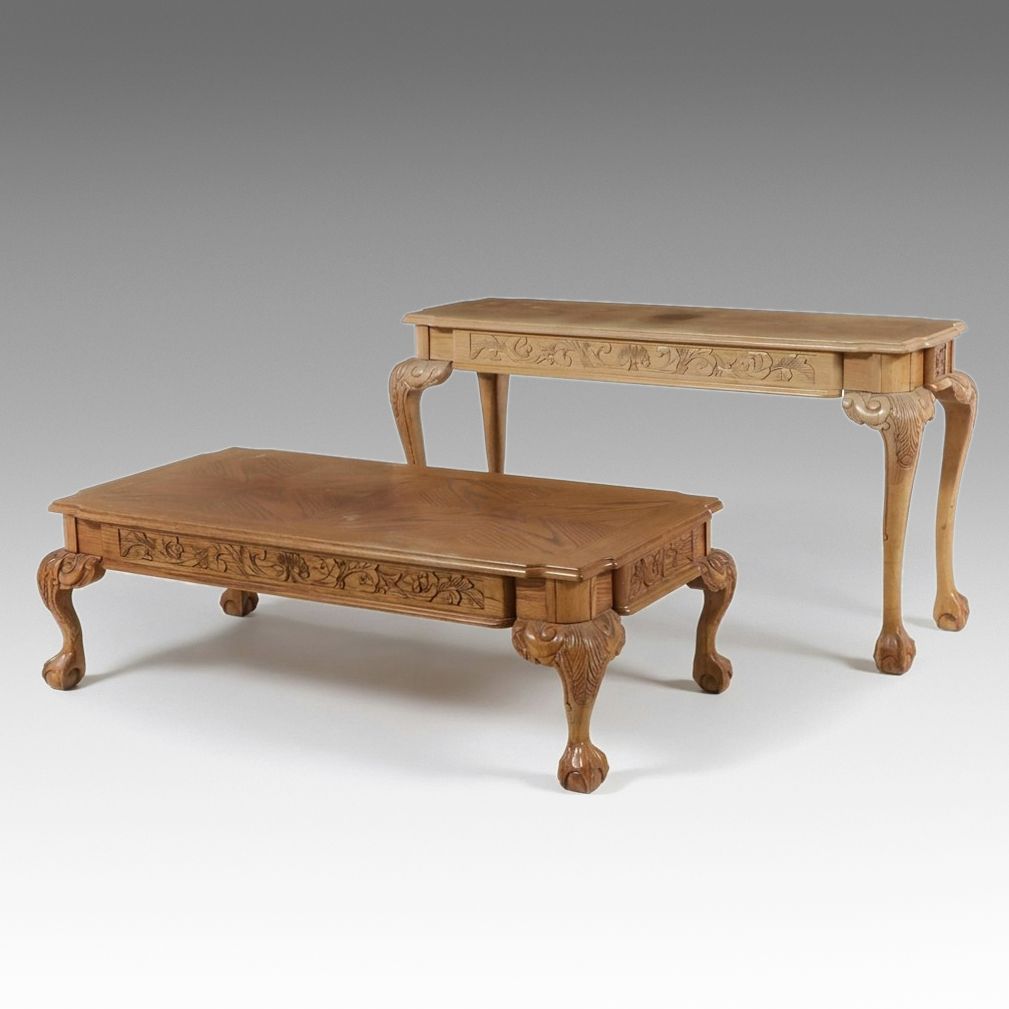 Two-Piece Carved Oak Coffee and Console Table Set, Late 20th Century