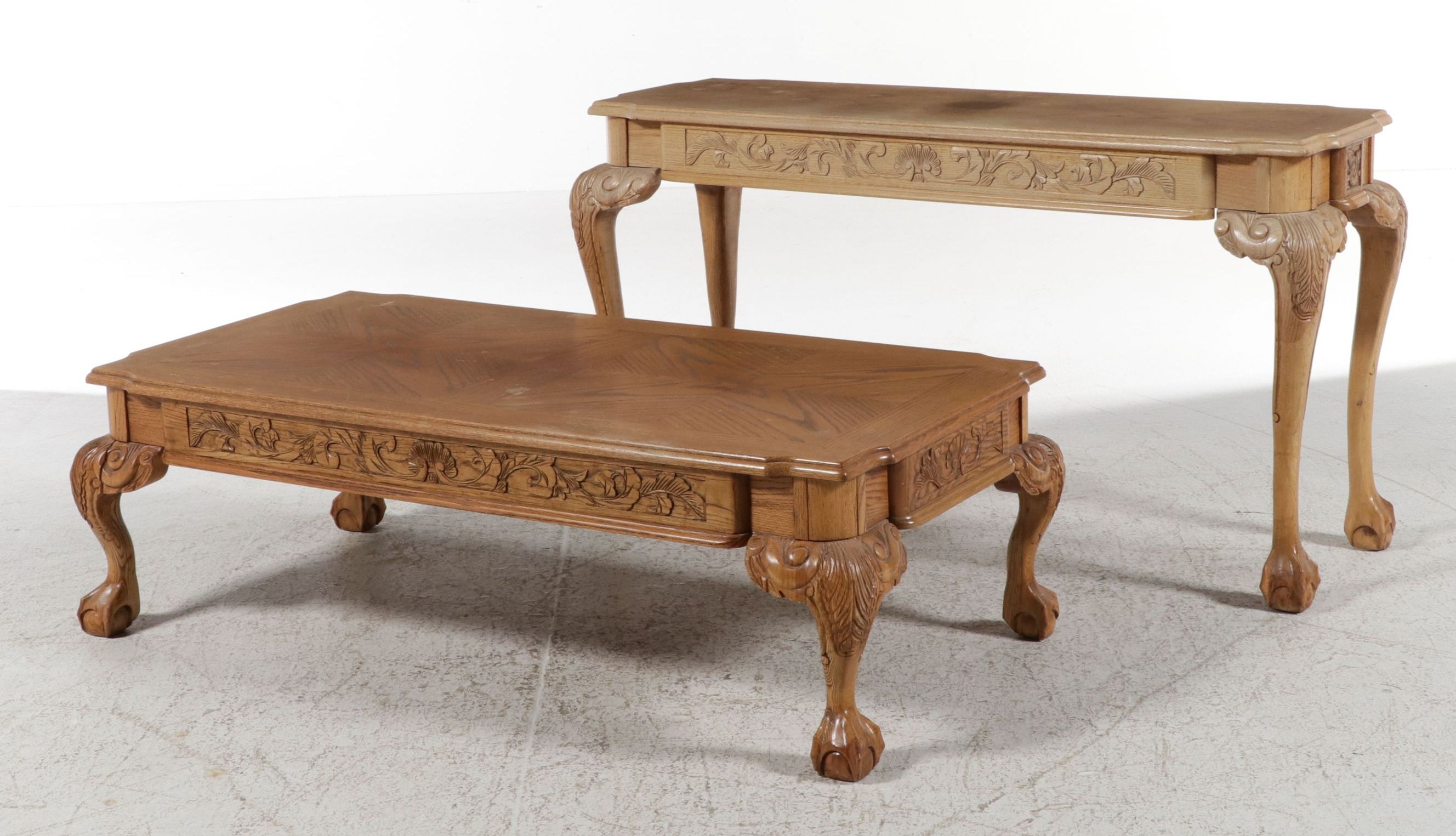 Two-Piece Carved Oak Coffee and Console Table Set, Late 20th Century