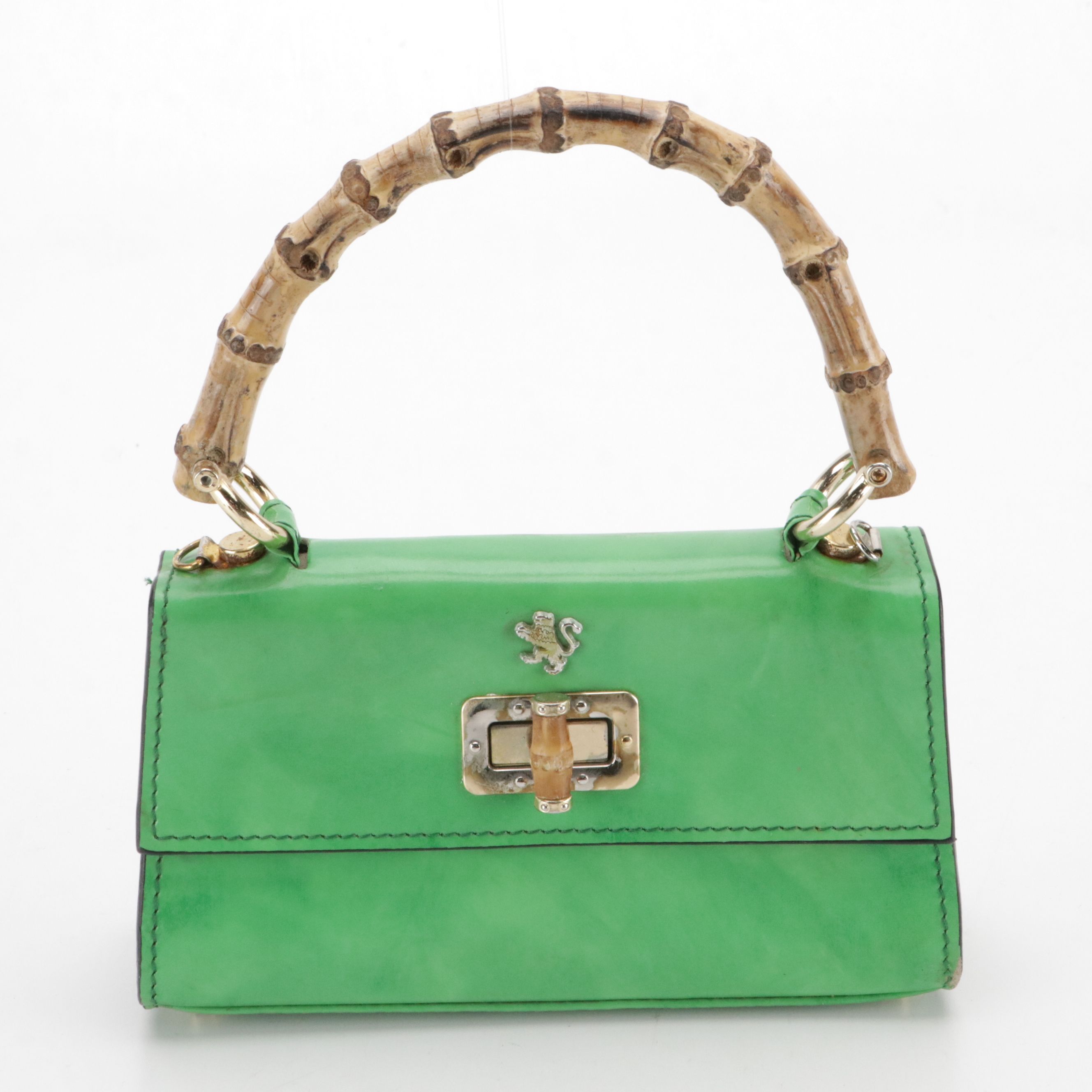 Pratesi Firenze Green Leather Bamboo Top Handle Two-Way Bag