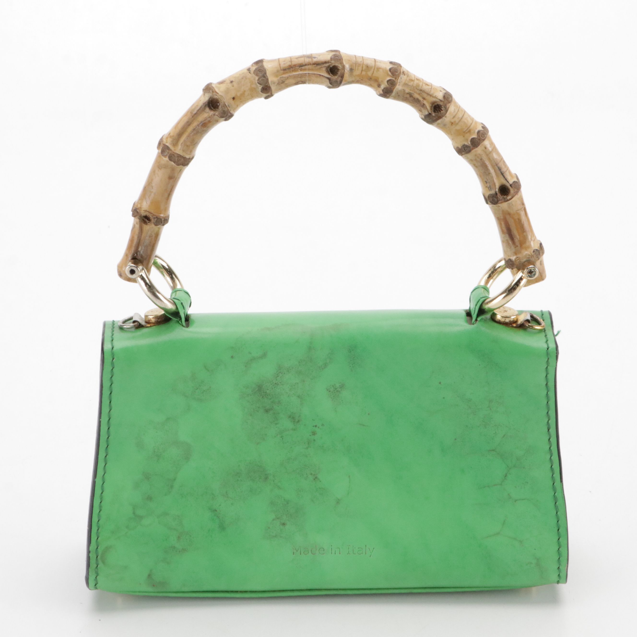 Pratesi Firenze Green Leather Bamboo Top Handle Two-Way Bag