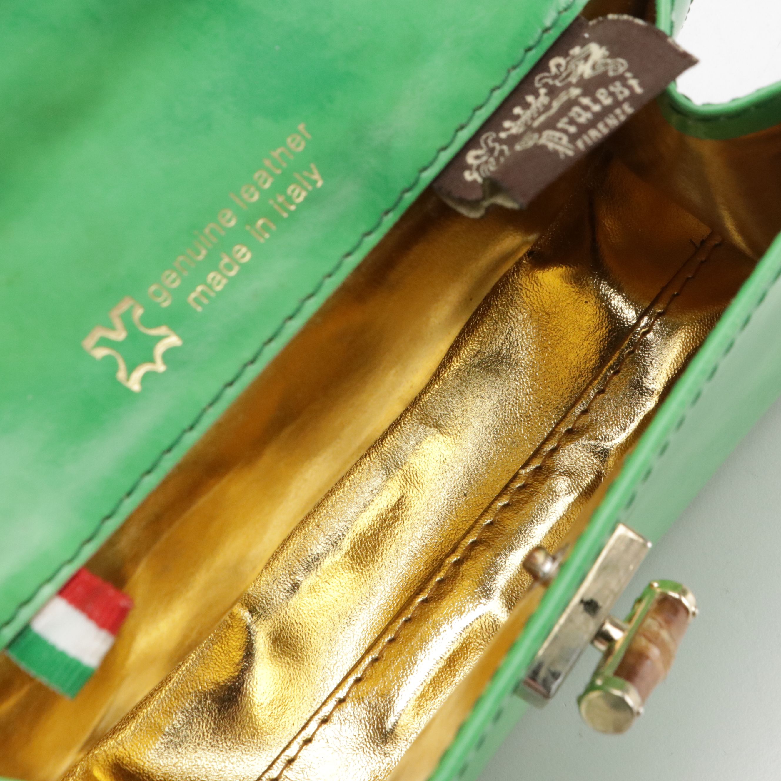 Pratesi Firenze Green Leather Bamboo Top Handle Two-Way Bag