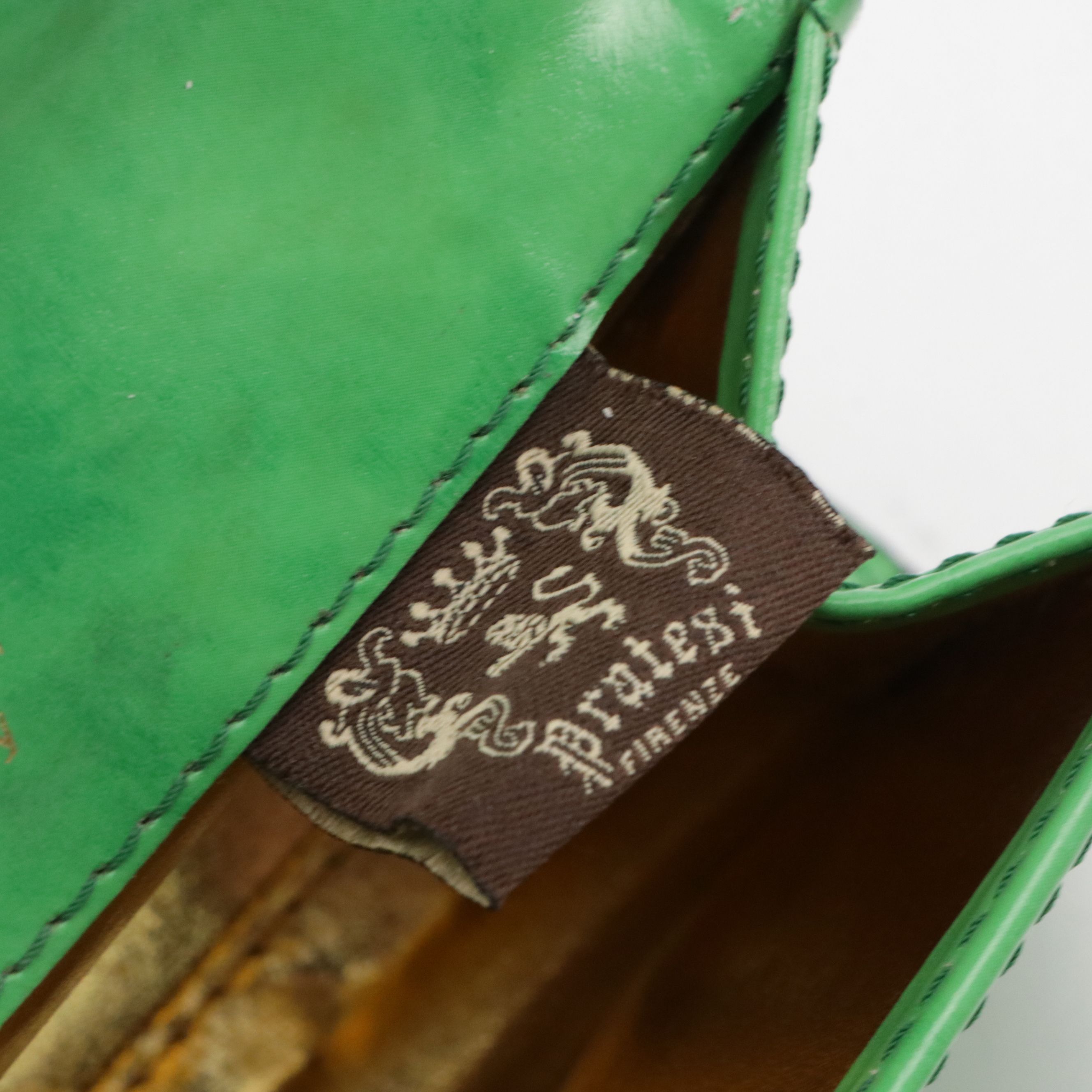 Pratesi Firenze Green Leather Bamboo Top Handle Two-Way Bag