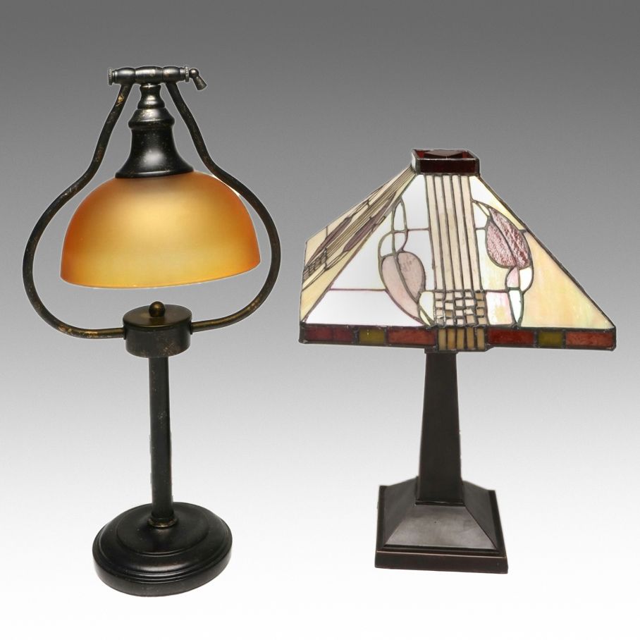 Arts & Crafts Style Iridescent Slag Glass Table Lamp with Other Desk Lamp