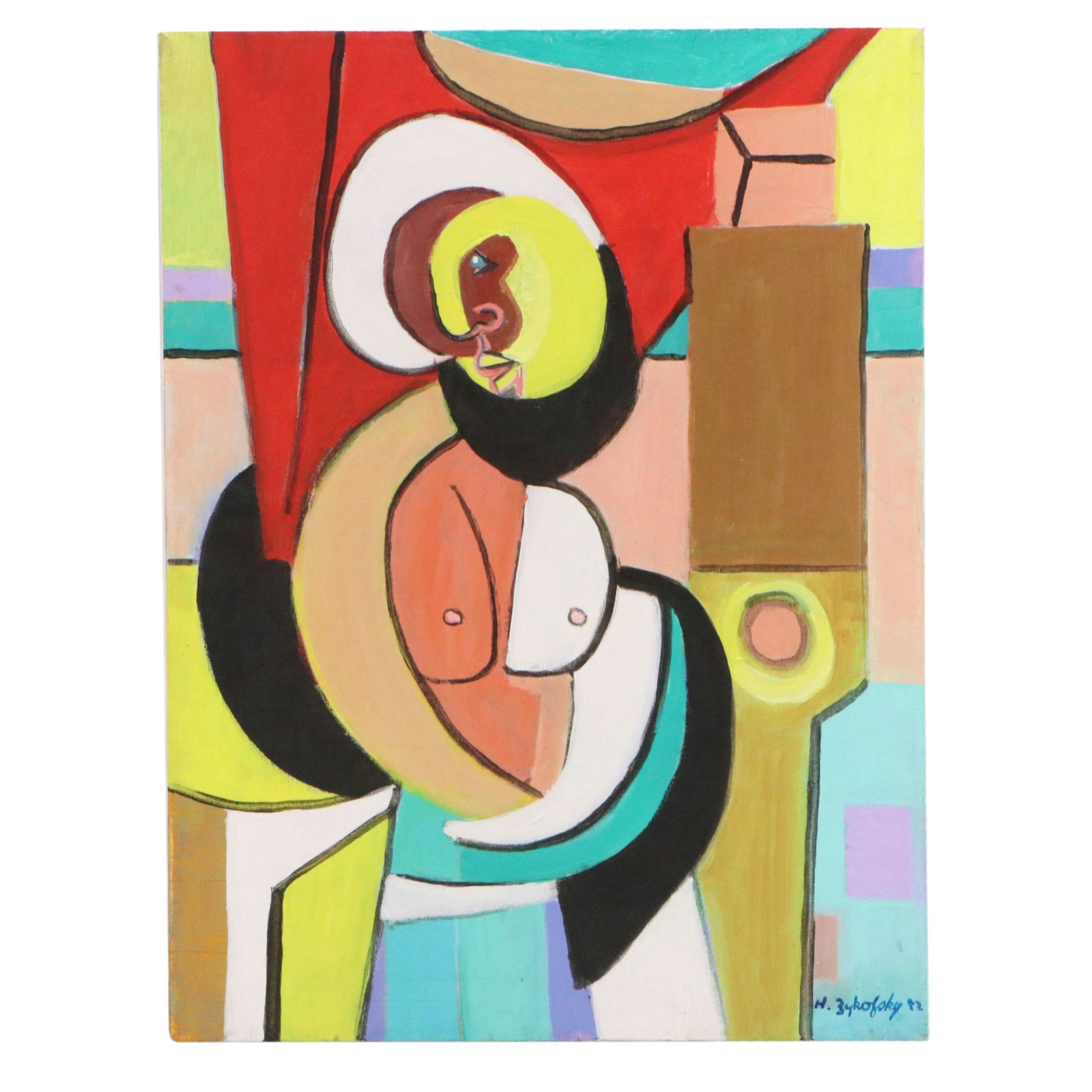 H. Zykofsky Cubist Style Acrylic Painting, 1982